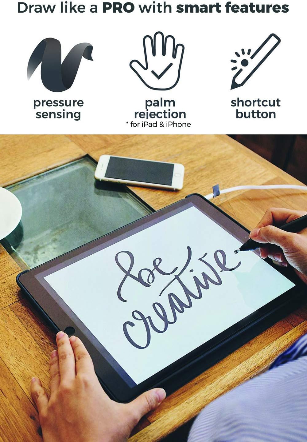 SonarPen: Pressure Sensitive Stylus Pen, with Palm Rejection and Shortcut Button. Battery-Less. Compatible with Apple iPad/iPhone/Android/Switch/Chromebook (White)