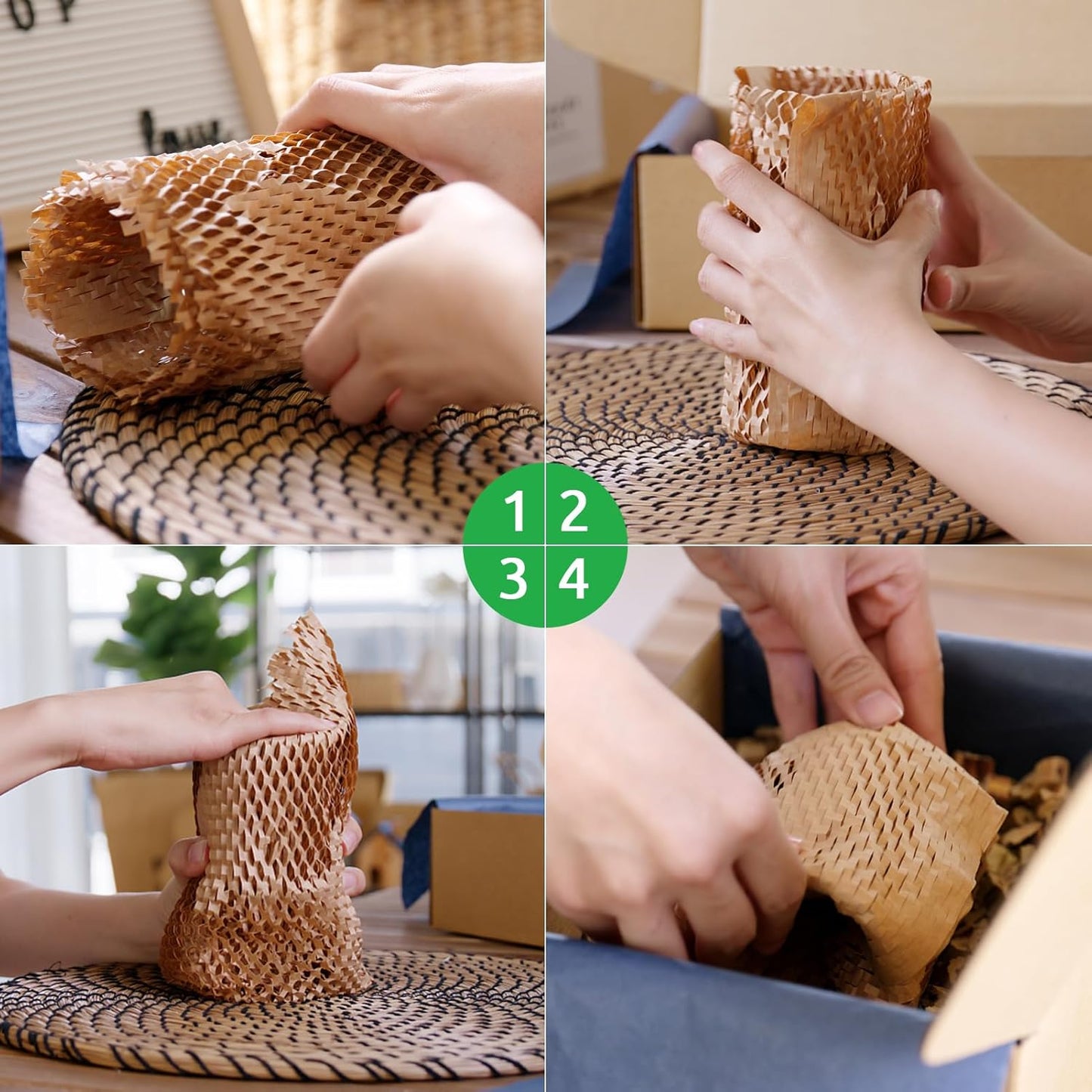 Honeycomb Packing Paper PINENUTS 15" x 131' Eco Friendly Packing for Moving Recyclable Honeycomb Paper Bubble Wrapping with 30 Fragile Sticker Labels and 66fthemp rope (Brown)