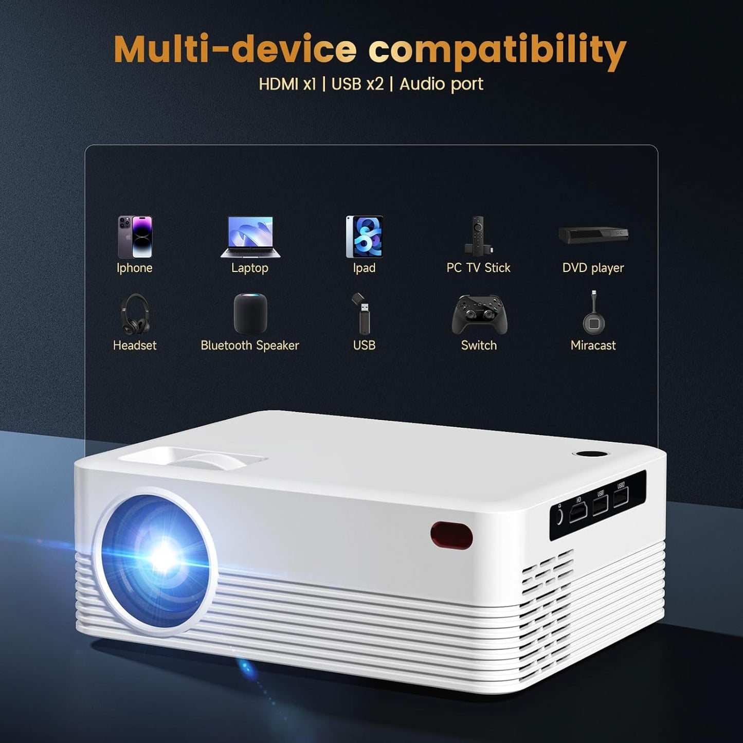 Mini Portable Projector with Wifi and Bluetooth, Native 1080P Full HD Smart Projector , 300 ANSI, Compatible with Smartphone, HDMI, USB for Home, Bedroom, Outdoor Use （White）