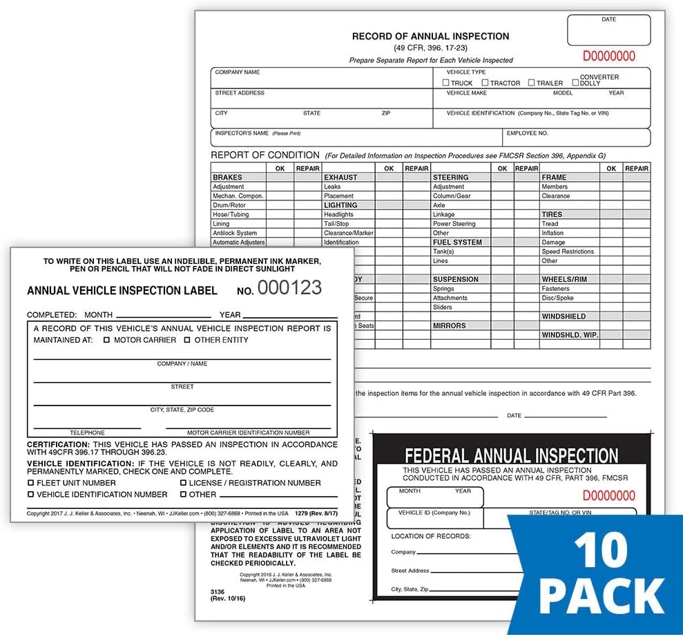 J. J. Keller 10-Pack, Record of Annual Inspection Form with Inspection Decal & Prenumbered Vinyl Adhesive Label 2-Ply, 2-Ply Carbonless Form, DOT Compliant