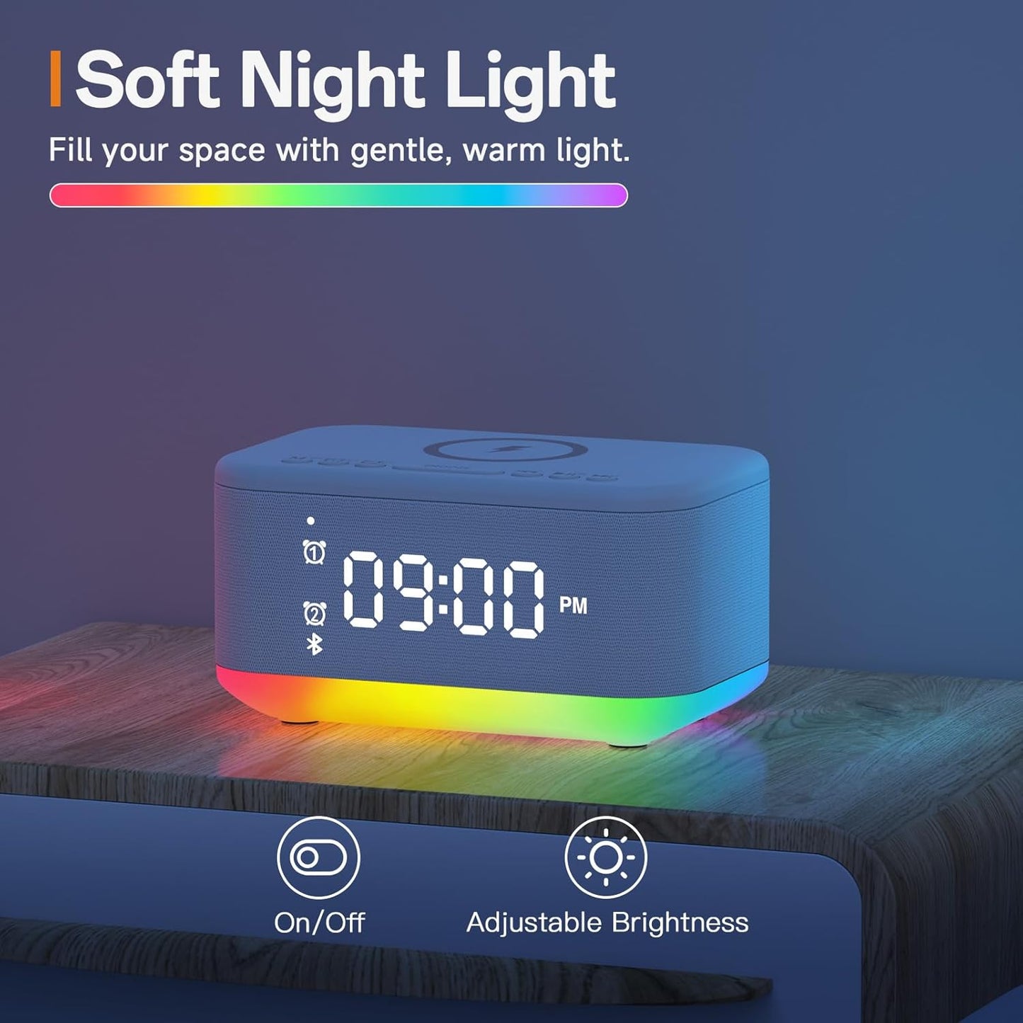 Alarm Clock Speaker Wireless Charger, Digital Alarm Clocks Bedrooms Bluetooth, Alarm Clock Dimmable Light Bedrooms Bluetooth Speaker Dual Alarm Snooze 12/24H Dimmer Support USB AUX, White
