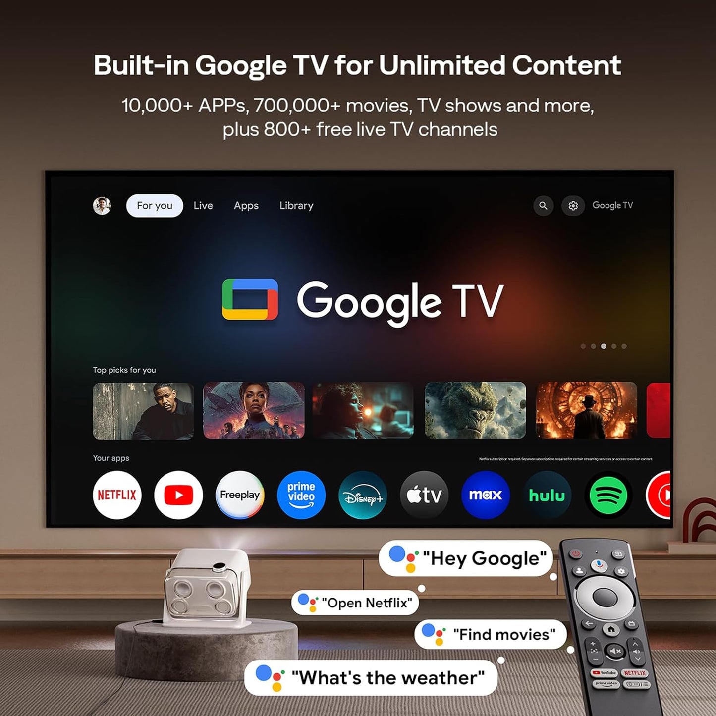 Aurzen BOOM mini Google TV 4K Supported Smart Projector with WiFi and Bluetooth, Outdoor & Home Movie Projector with 20W Speakers DoIby Audio, Real-Time Focus & Keystone, 500 ANSI Lumens, Off-white