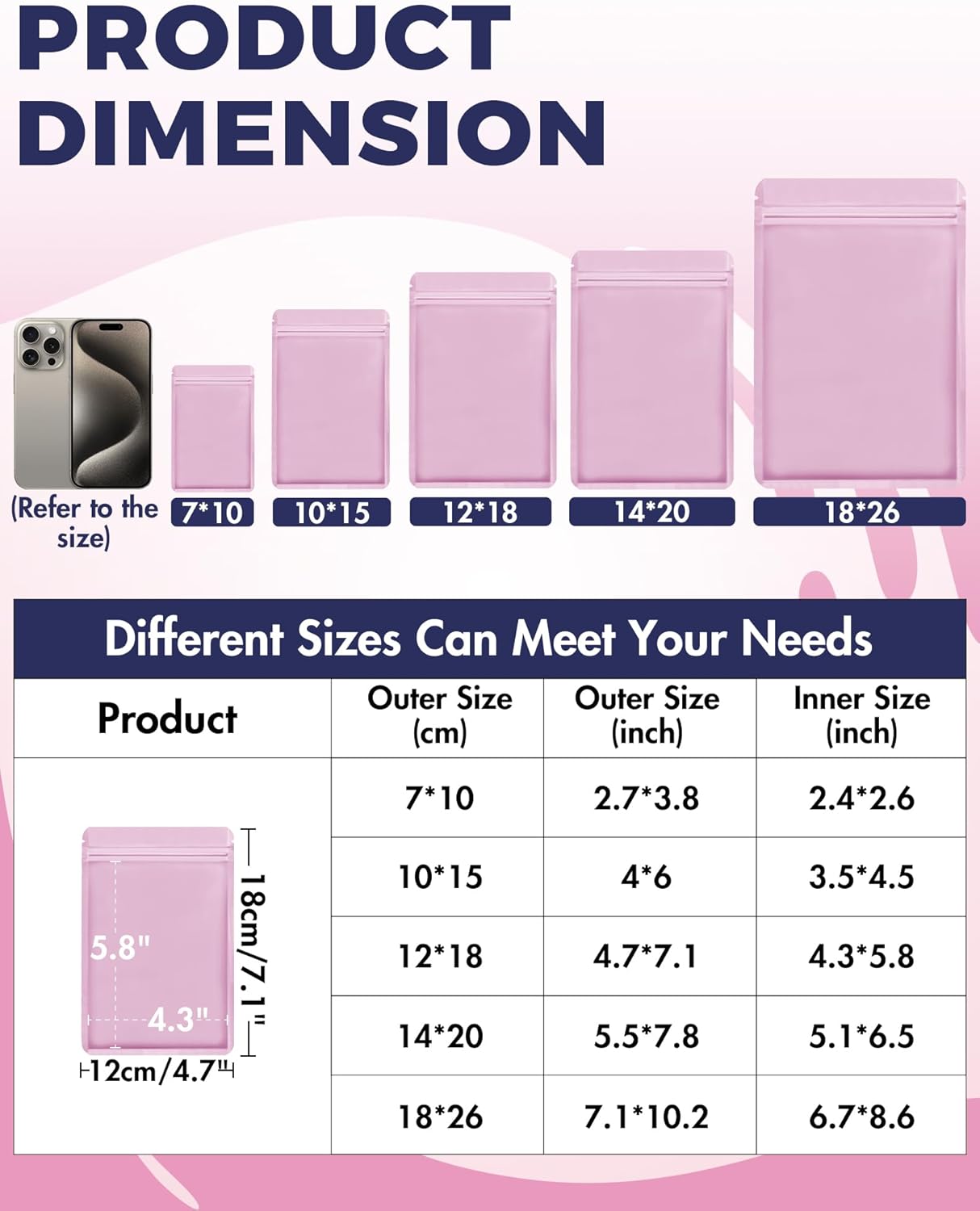 FireKylin 100 Pack Resealable Packaging Bags for Small Business Double-Sided Color Smell Proof Bags for Food Storage Flat Bags (Pink, 4.7" x 7.1")