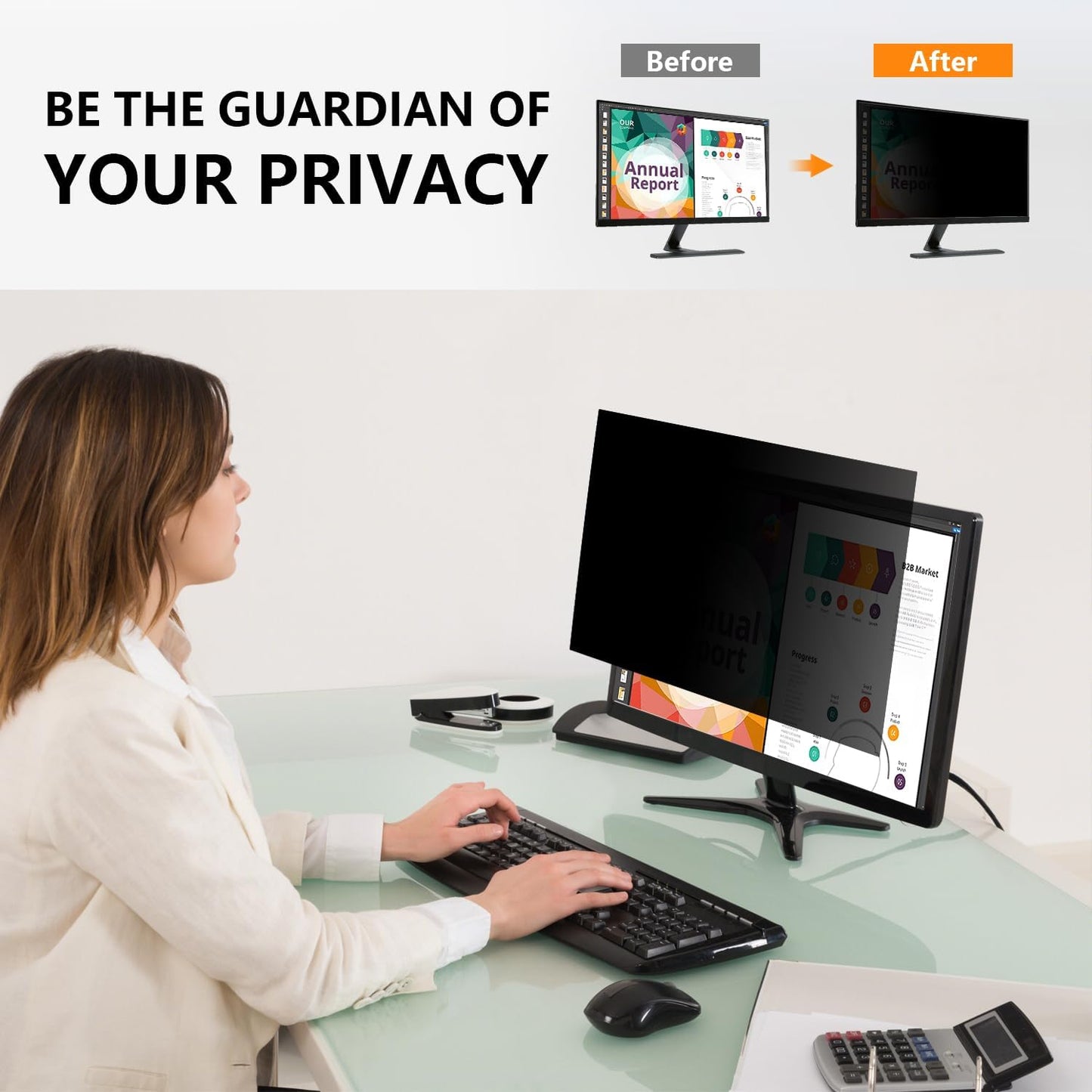 【2-Pack】24 Inch Computer Privacy Screen for 16:9 Monitors with Anti-Spy Anti-Glare Filter, Blue Light Blocking & Eye Protection, Removable Anti-Scratch HD Clarity Screen Protector