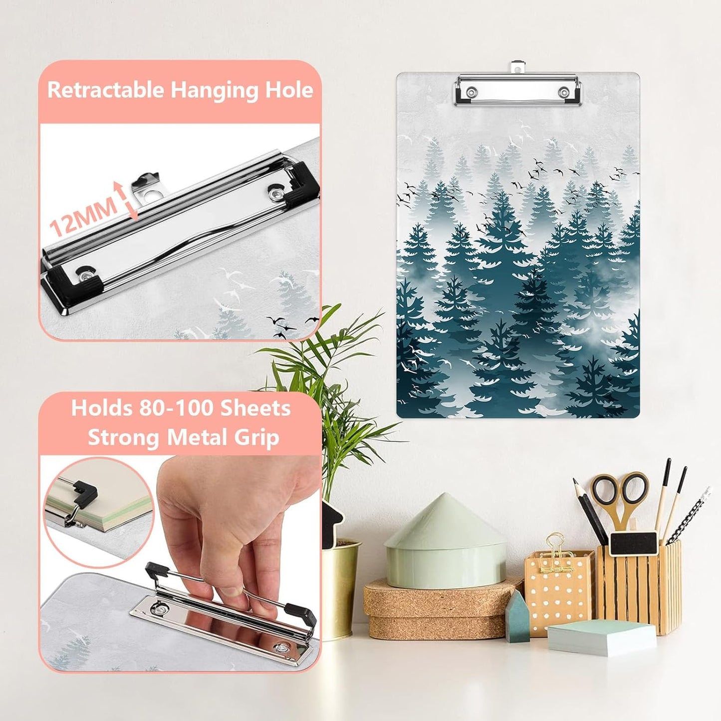 Misty Forest Plastic Clipboards,Cute Fashion Bird Clipboard Decorative 8.5" x 12.5"Standard A4 Size Clipboards,Acrylic Clipboard for Teacher,Social Worker,Students,Nurse,Office Supplies