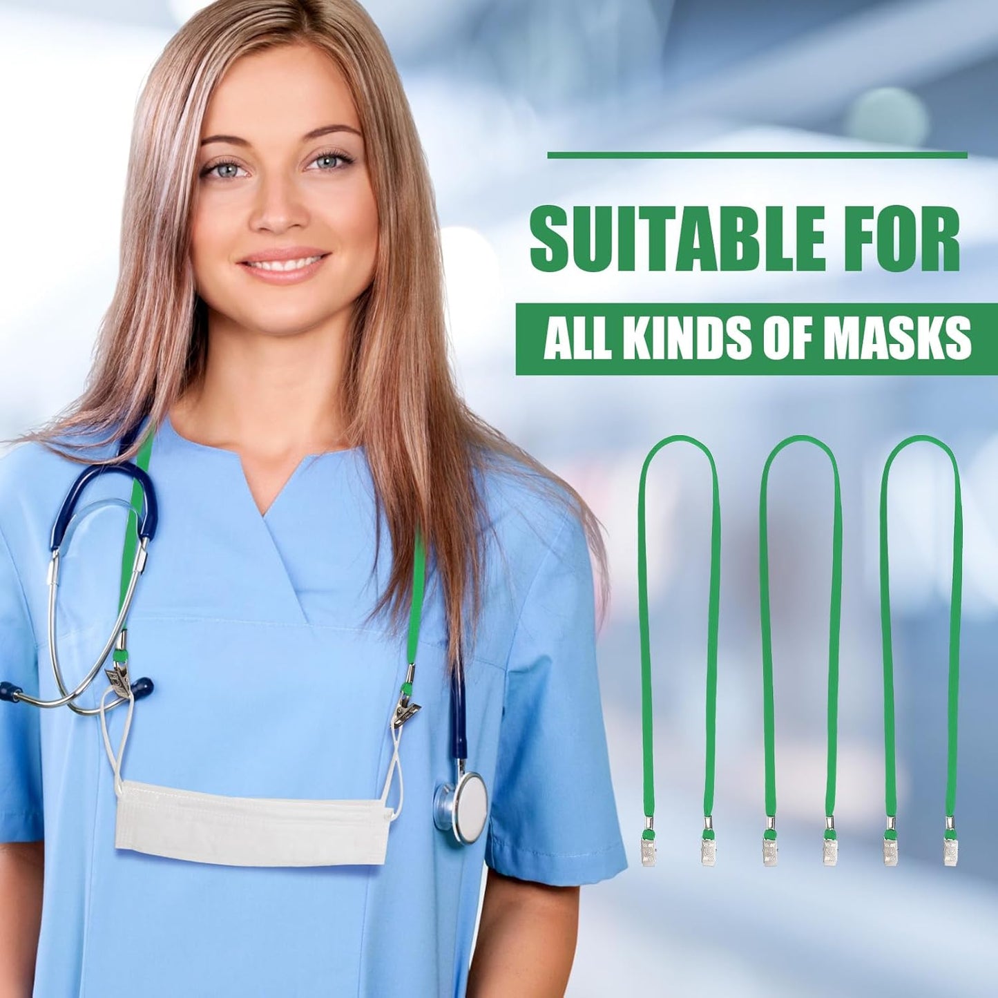 Patelai 100 Pack Double Clip Lanyards Bulk Face Mask Lanyard Twist Free 2 Hook Design Adjustable Badge Neck Strap for Conference Office Class Essential Back to School Gifts ID Card Keychain (Green)