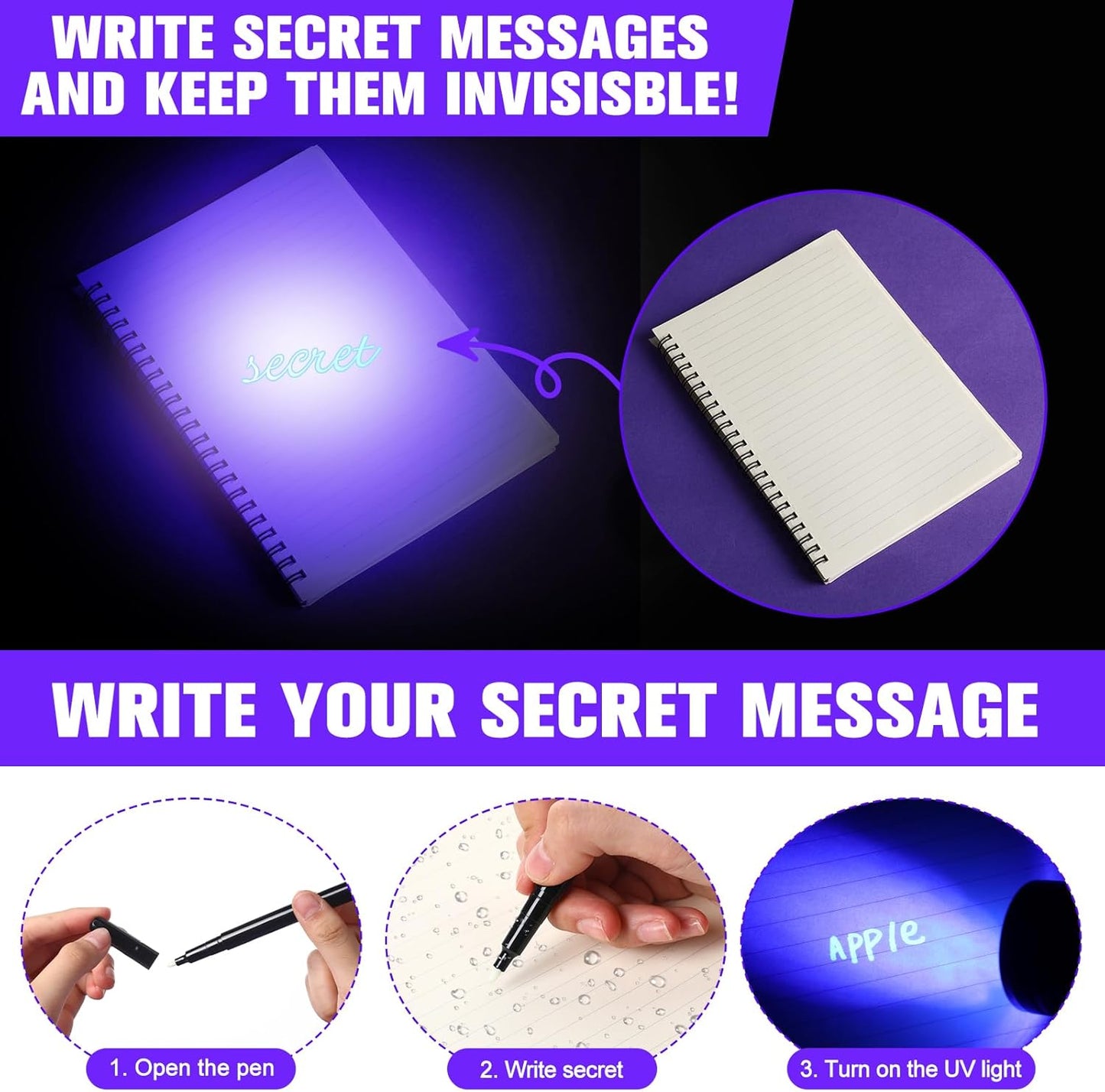 Tegeme 4 Invisible Ink Pen Set 2 Invisible Marker 2 Blacklight Flashlights with UV Black Light Markers Disappearing Ink Pen for Secret Notes Holiday Gifts Party Favors(21 LED)