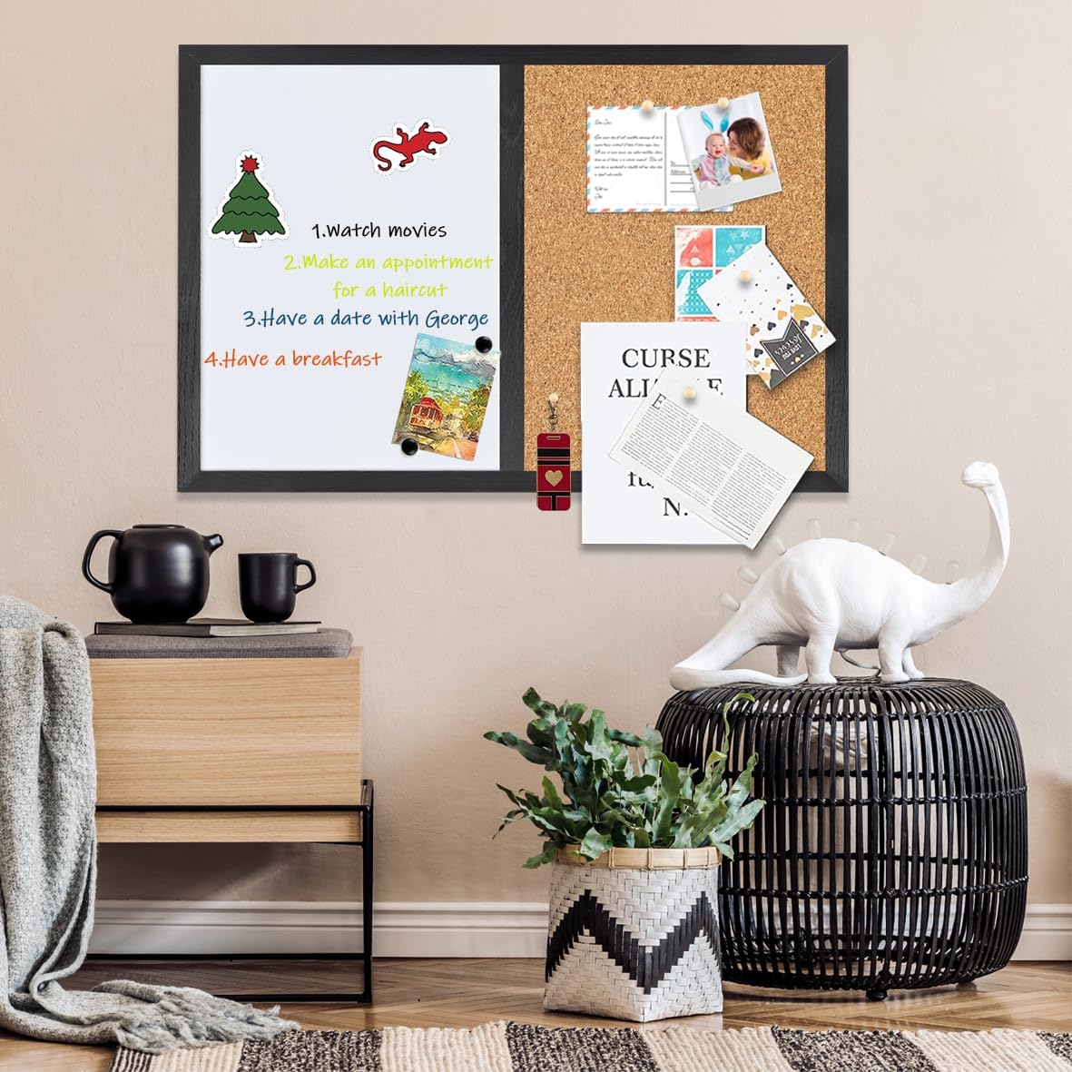 Bulletin Board Whiteboard Cork Board Combo for Office School Kitchen Bedroom, Black Wood Frame,23.6"*35.4",Whiteboard+Cork-6090BK