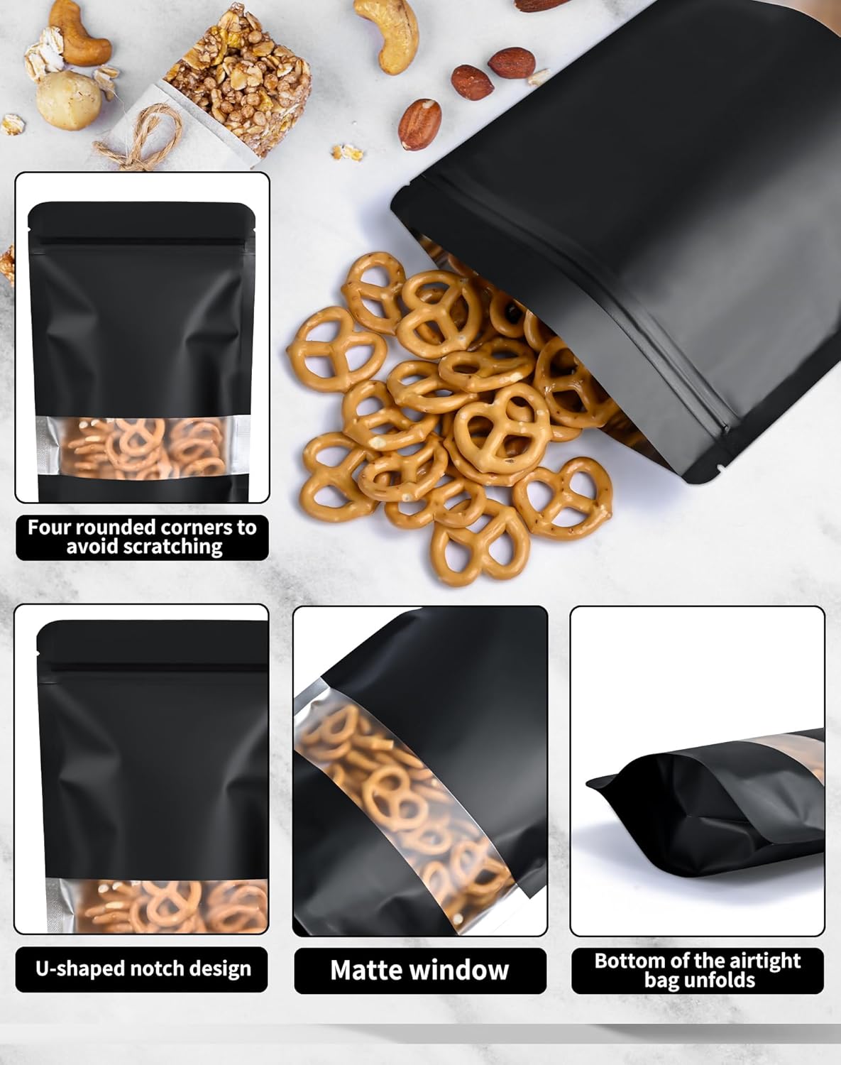 FireKylin 100 Pack Smell Proof Bags 7.1" x 10.2", Resealable Bags with Matte Window, Foil Pouch Stand Up Sealable Bags for Packaging（Black）