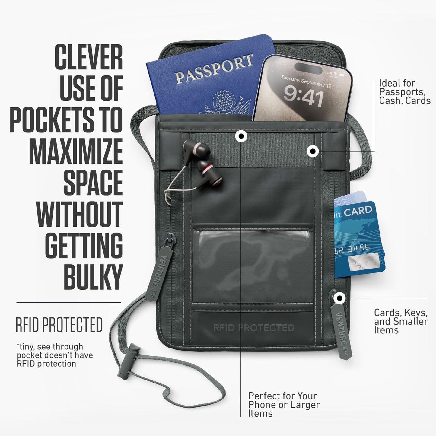VENTURE 4TH Passport Holder Neck Wallet with RFID Blocking Nylon Lining - Hidden Neck Pouch for Travel (Sleek Gray)