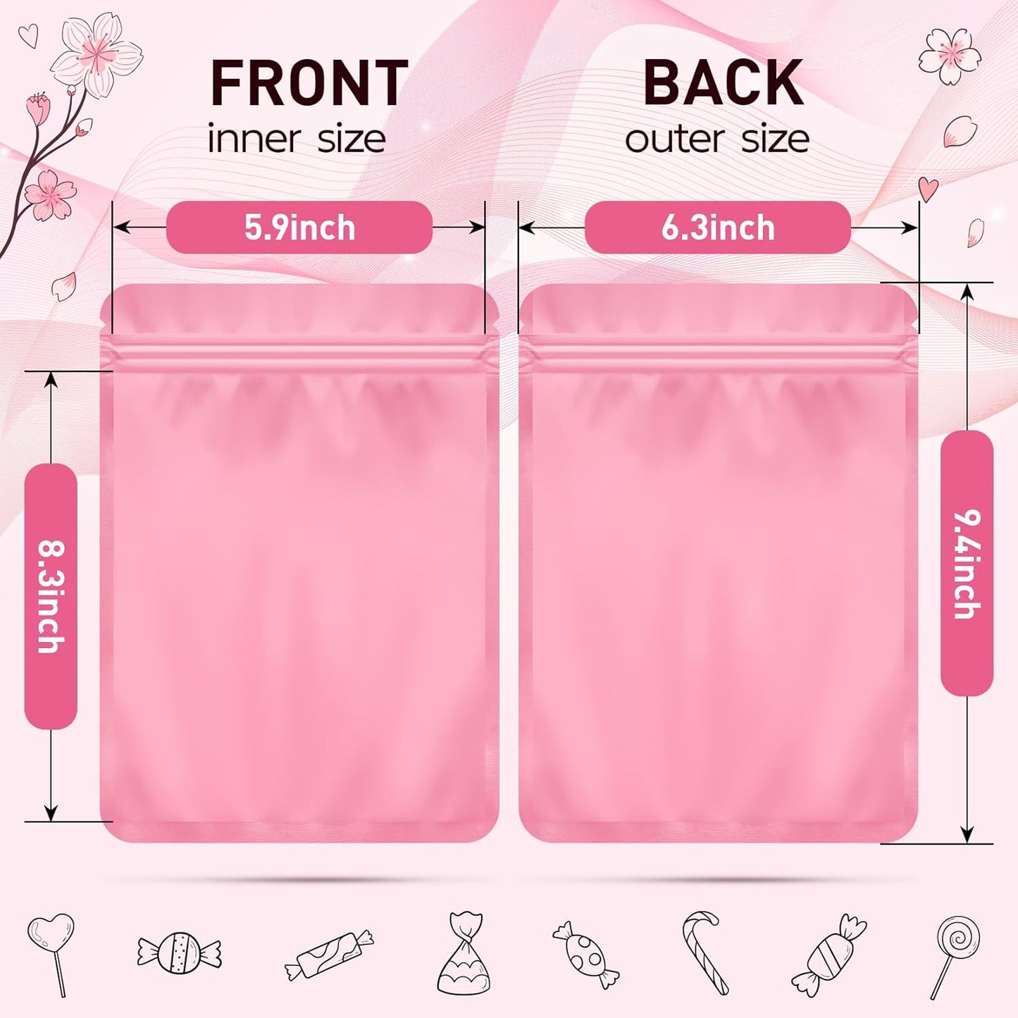 Funfery 100 Pack Pink Mylar Packaging Bags Resealable Bags Double Sided Color Odor Proof Pouch Baggies Smell Proof Foil Bag for Food Storage,Small Business(Pink,6.3x9.4inch)