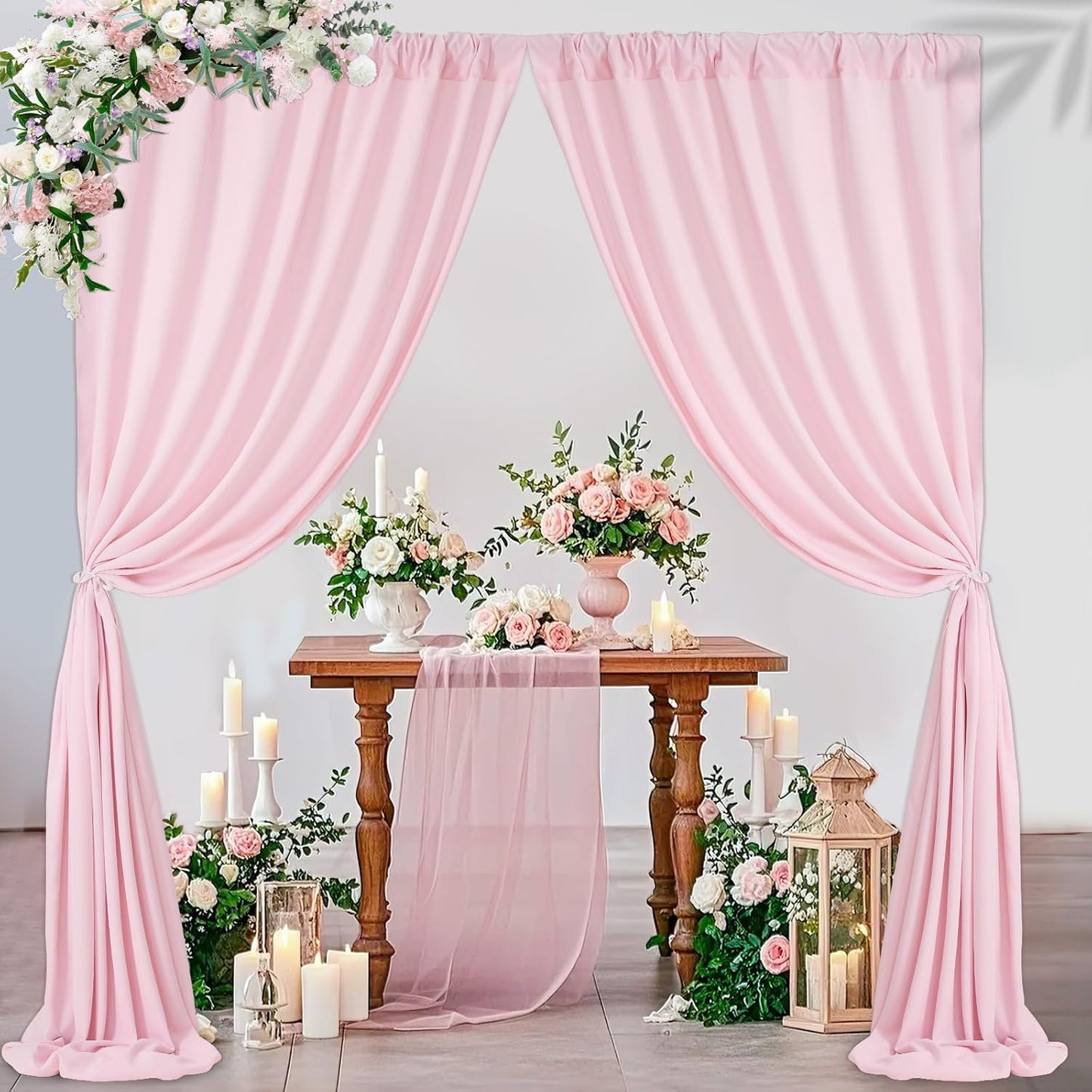 Pink Backdrop Curtains 4 Panels 5ft x 10ft Polyester Photography Backdrop Drapes for Baby Shower Party Wedding Stage Decorations
