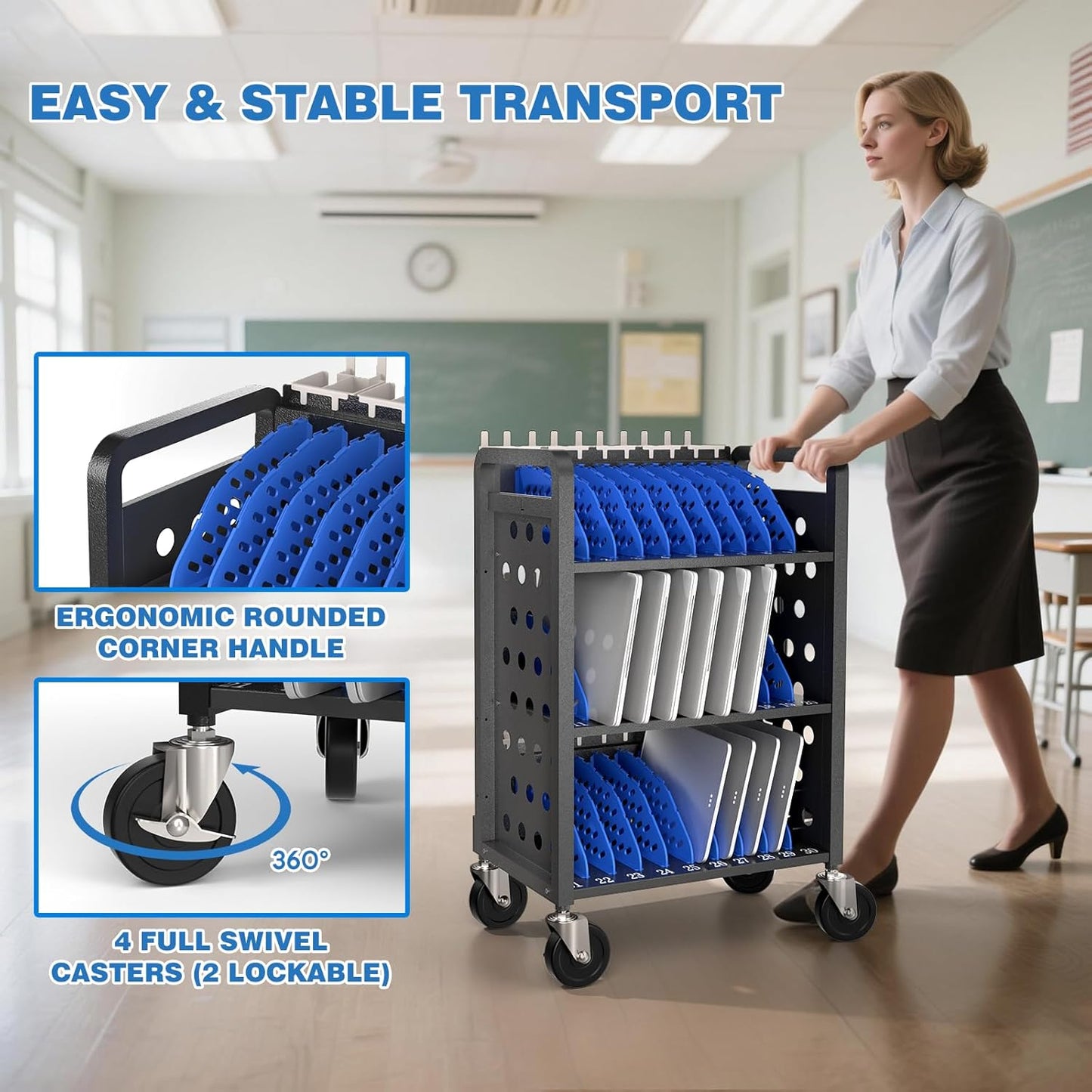 30 Unit Mobile Charging Cart - Open Charging Station Rack for iPad, Chromebooks, Tablets 14inch -  Tablet Organizer Station for Classroom - Laptop Storage Cart with Cable and Charger Organization