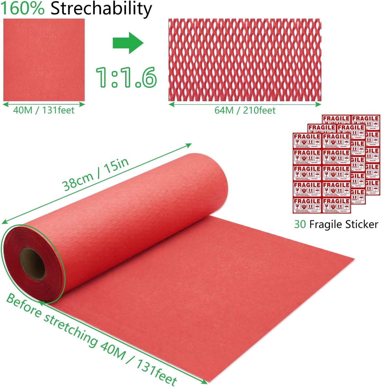 Honeycomb Packing Paper PINENUTS 15" x 131' Eco Friendly Packing Paper for Moving Recyclable Honeycomb Paper Bubble Paper Wrapping with 30 Fragile Sticker Labels and 66fthemp rope (Red)