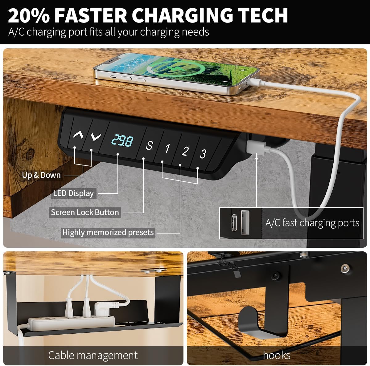 Standing Desk with Fast Charging USB Ports, 48" x 30" Height Adjustable Home Office & Gaming Desk, Sit Stand Desk with Built-in Storage Shelf, Hook & Ergonomic Design(Rustic Brown)