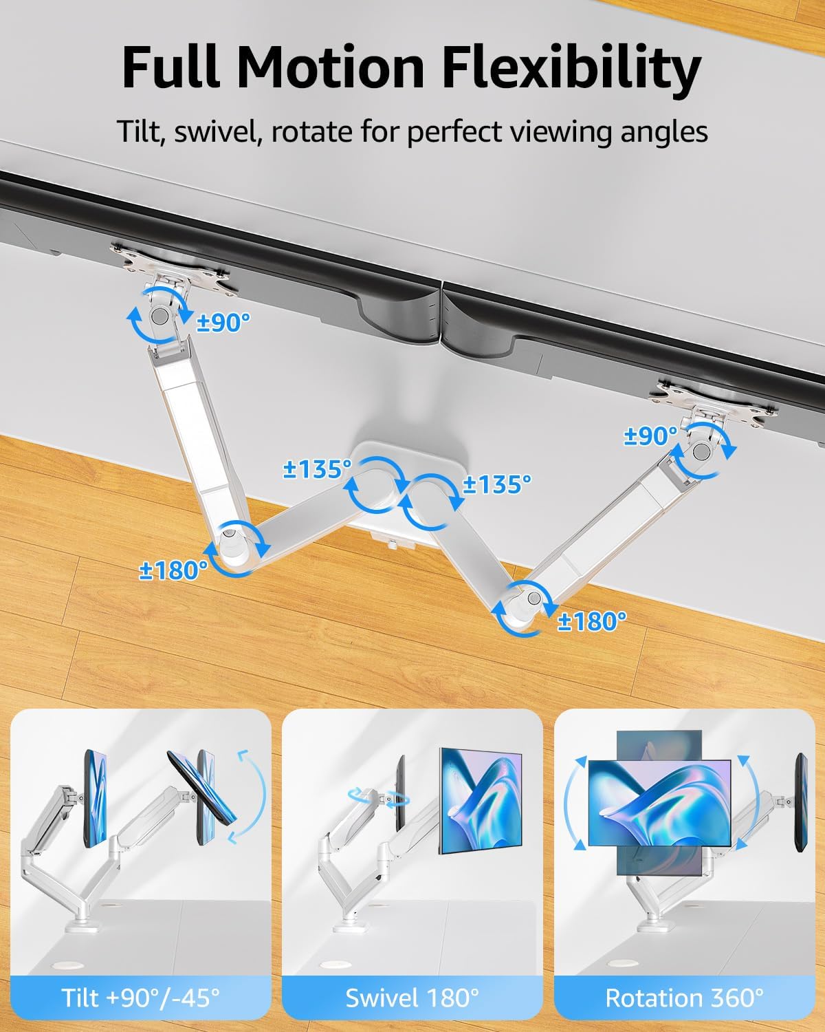 MOUNTUP Dual Monitor Stand for Desk, Pneumatic Monitor Arms for 2 Monitors Max 32 Inches, Height Adjustable Double Monitor Mount, VESA Mounts with C-Clamp & Grommet Base, Holds 4.4-17.6lbs, White