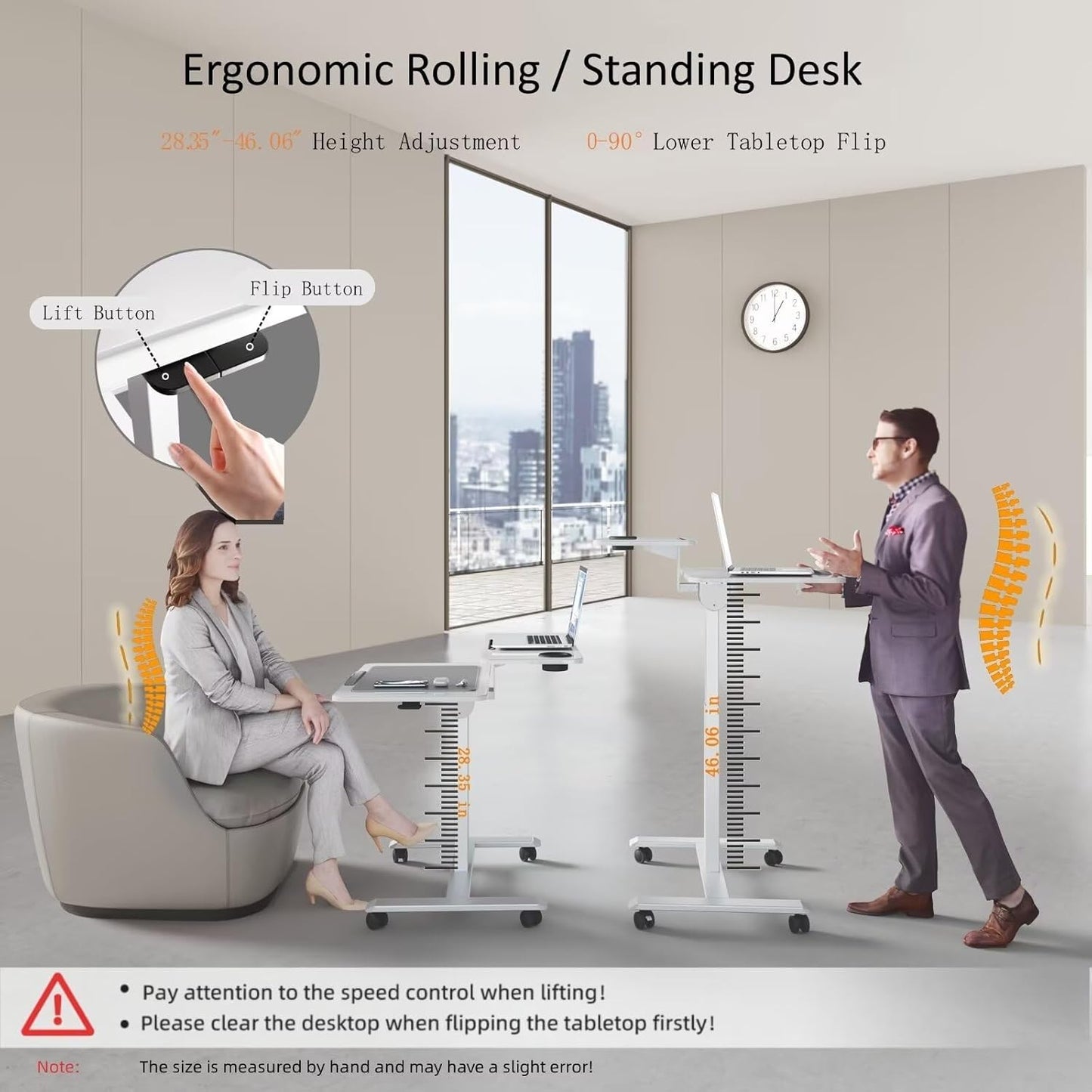 Pneumatic Standing Desk with Wheels - Adjustable Height 28" - 46" & 0-90° Tilt, 31.5" x 17.7" Skin-Feel Desktop, Rolling Computer Desk for Home Office, Hospital, School (White)