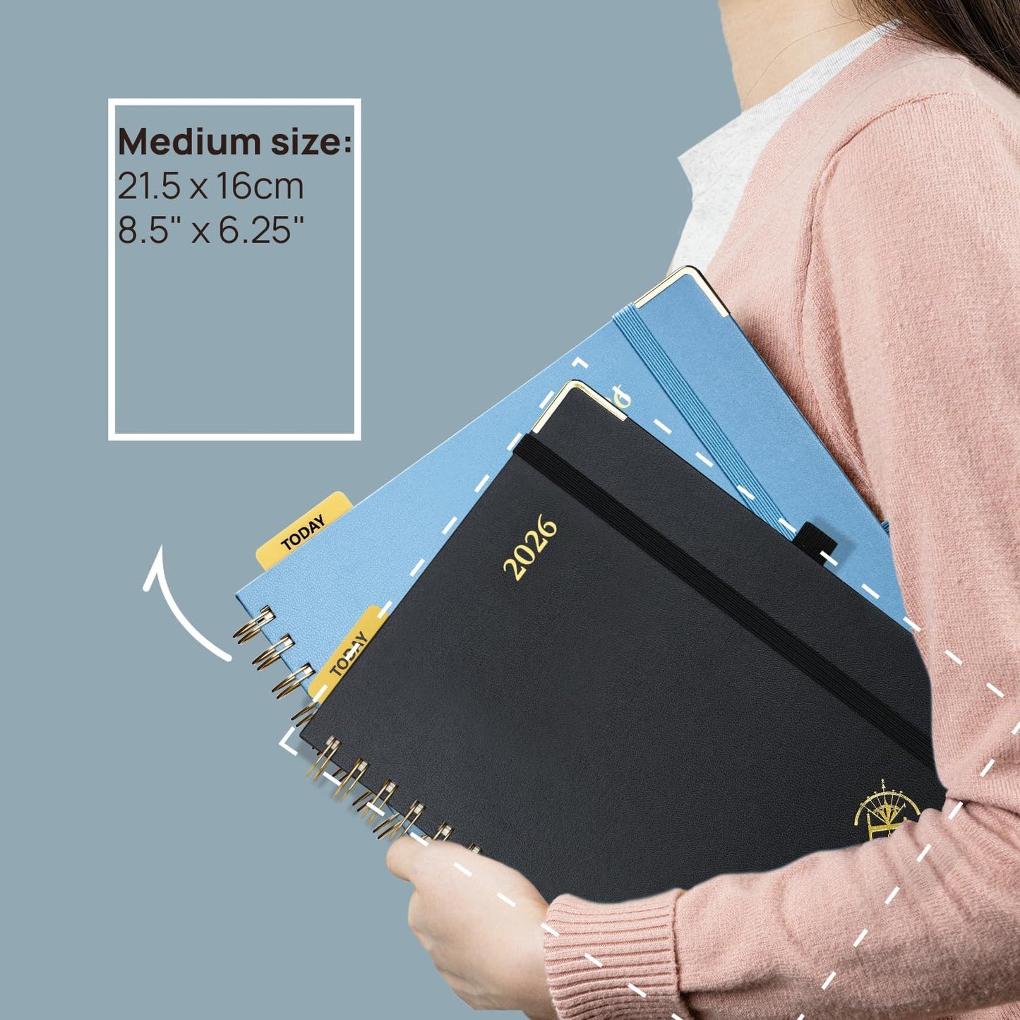 POPRUN 2026 Planner (Medium Size 8.5'' x 6.25'' Wire-Bound Hard Cover) Daily Weekly and Monthly Calendar - Agenda 2026 (Jan.2026-Dec.2026) with Hourly Schedule, Monthly Tabs - Black