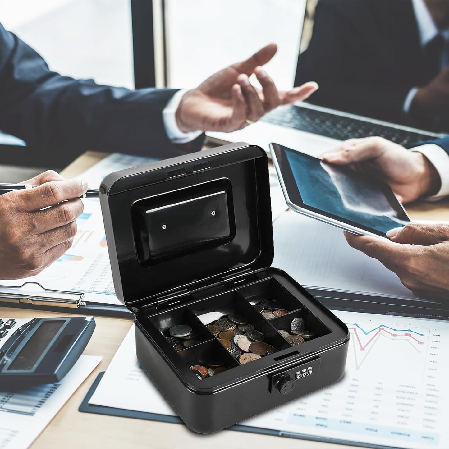 xydled Steel Cash Box Safe with Combination Lock,Money Safe Box with Removable Coin Tray,Medium,7.87"x 6.30"x 3.54",Black