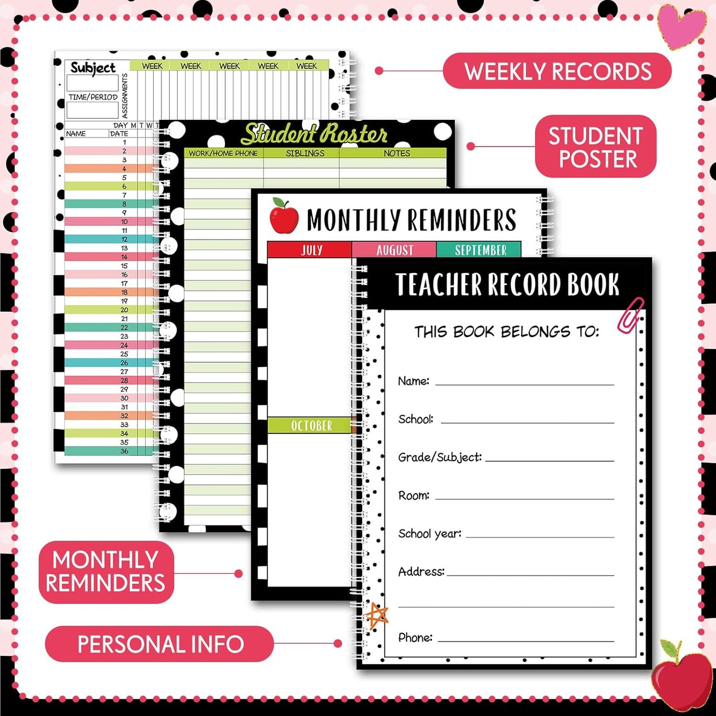Teacher Record Book Teacher Grade Book Spiral Bound Record Class Gradebook Office Favors Gift for Classroom Attendance Supplies Decoration Double Sided Color Printing (Apple)