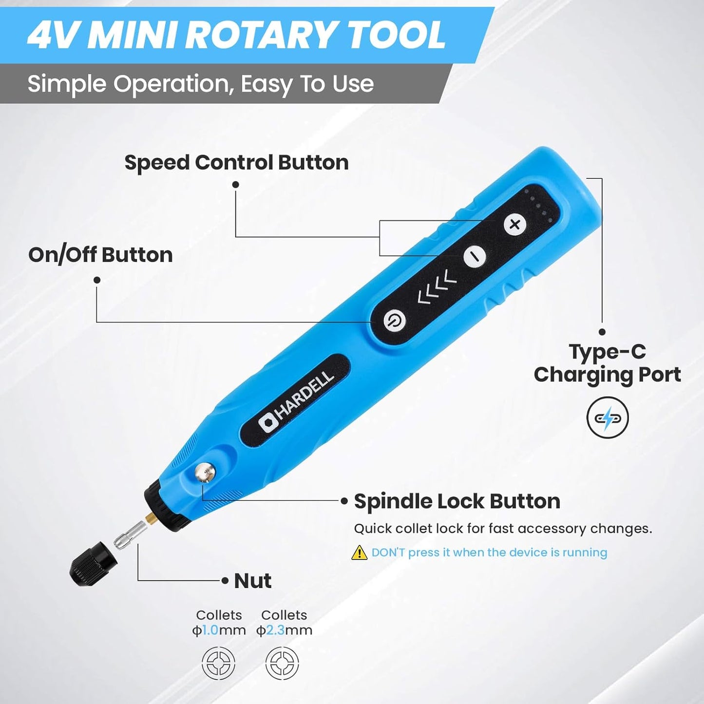 HARDELL Mini Cordless Rotary Tool, 1800RPM 5-Speeds, 2000mAh Rechargeable Battery, 4V Rotary Tool with Multifunctional Accessories for Sanding, Polishing, Carving, Handmade, DIY Creations