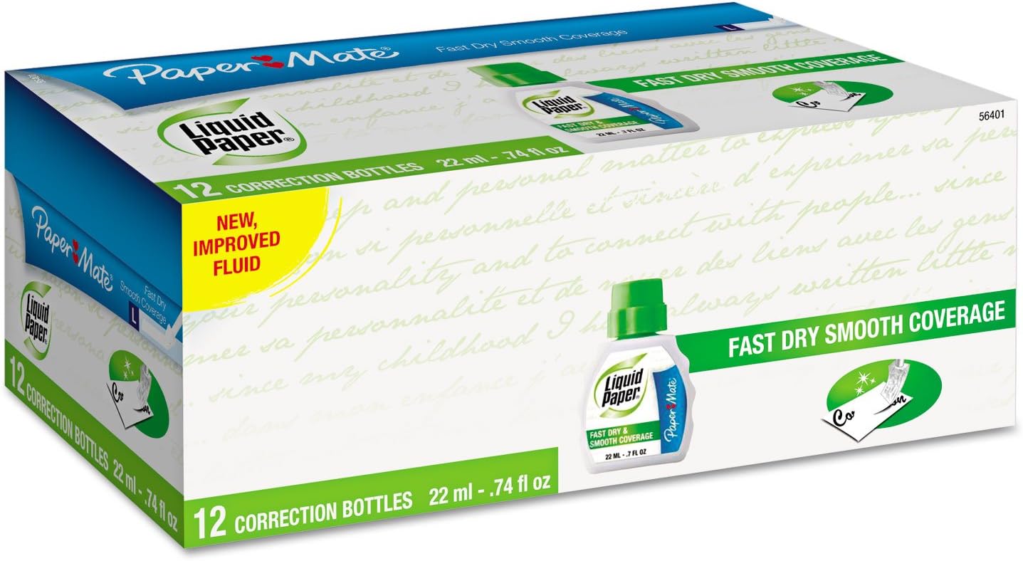 Paper Mate 5640115 Liquid Paper Fast Dry Correction Fluid, 22 mL, 12 Count