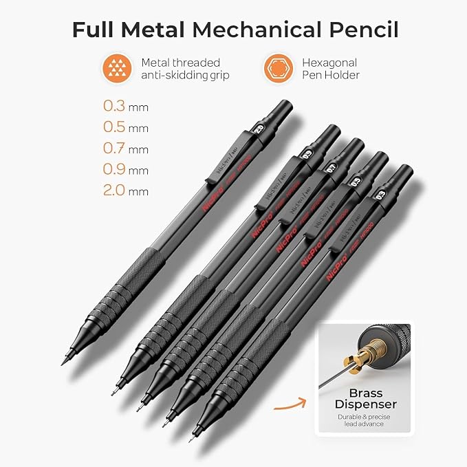 Nicpro 33PCS Black Metal Mechanical Pencil Set in Leather Case, Art Drafting - Image 2