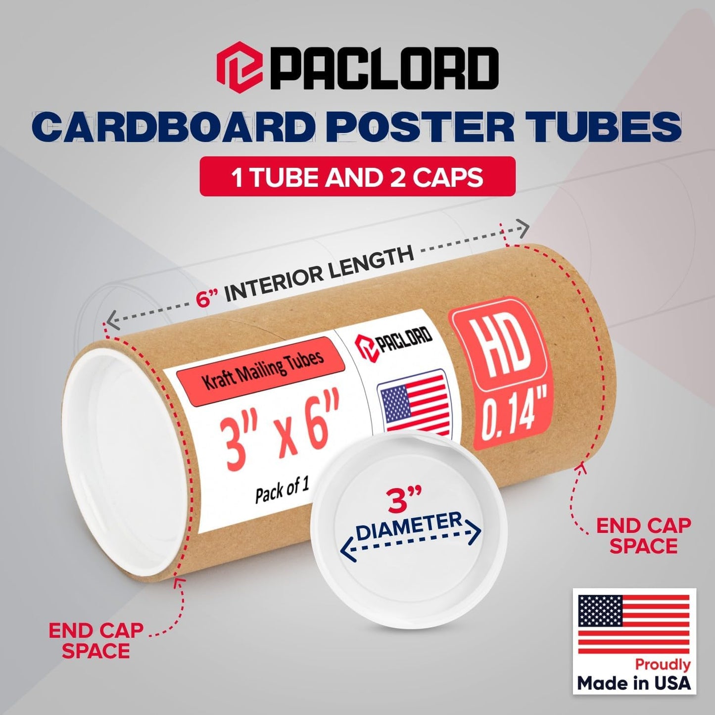 3" x 6" Heavy-Duty Reinforced Cardboard Mailing Tube, Pack of 1 Tube with 2 Caps – Secure USPS Approved – Great for Shipping and Storing of Prints, Artwork, Posters or Documents