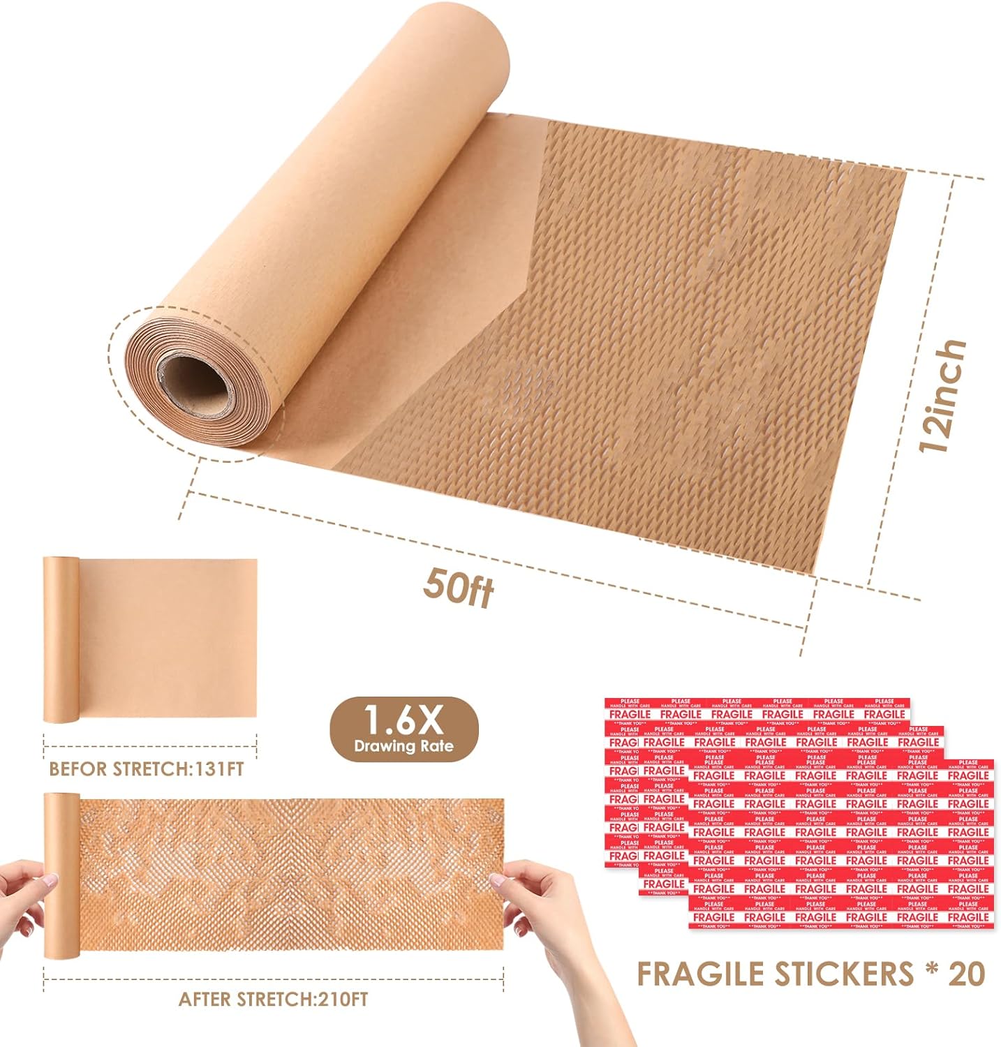 Honeycomb Packing Paper 12"Wx50'L-Bubble Wrap Substitute Alternative for Shipping, Moving Supplies, Small Business Packaging, Packing Boxes & Gifts Wrapping Paper with 20 Fragile Stickers