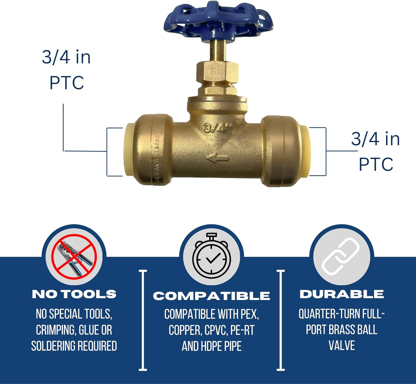 3/4 inch Push Fit Stop Valve with Drain and Vent, Push to Connect Brass Plumbing Fitting, Pex Pipe, Copper, CPVC, PE-RT, HDPE, 2-5-2=2, 2 Pieces