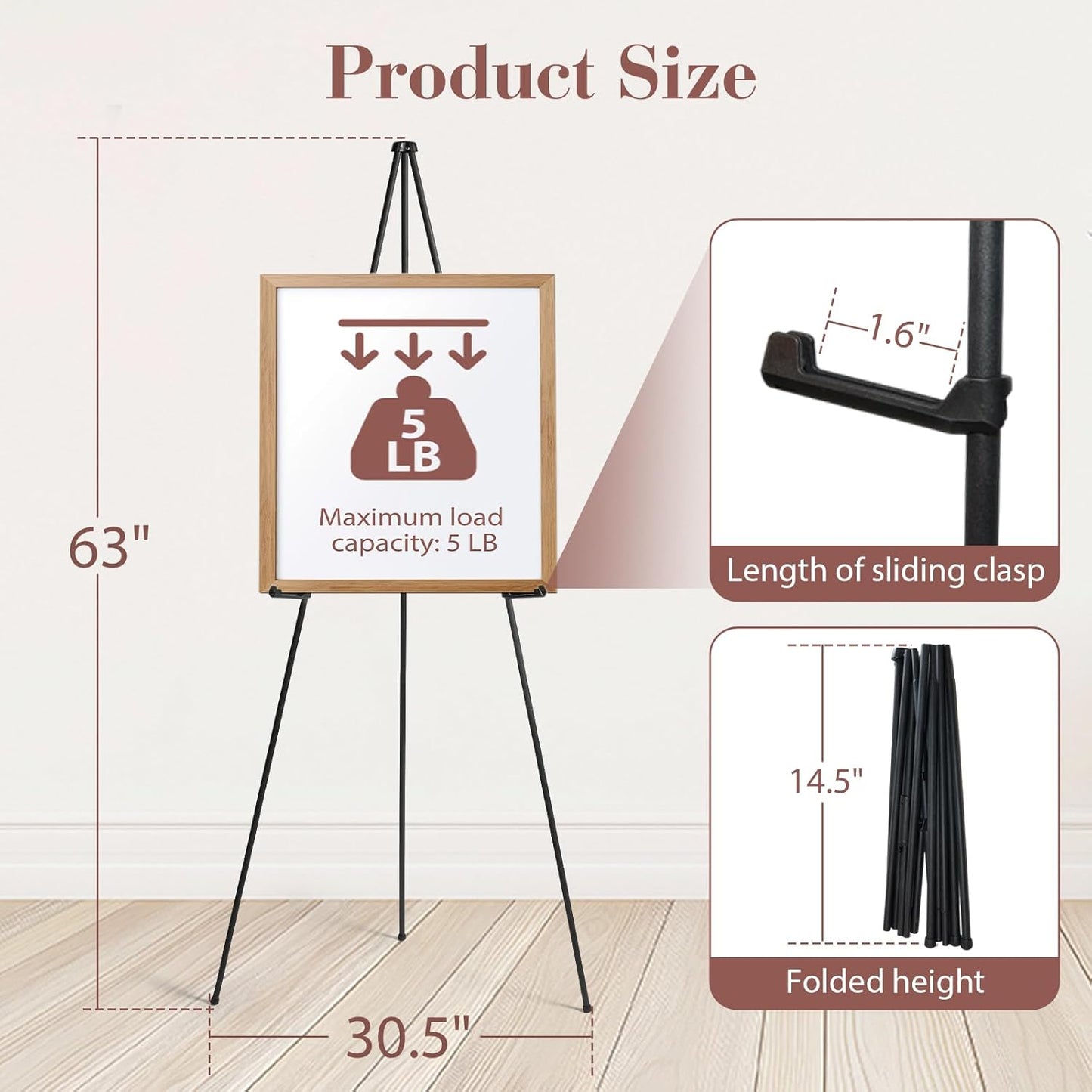 AZEAM 1 Pack 63" Easel Stand for Sign, Portable Easels for Painting, Foldable Black Metal Easel Display Stand Poster Holder Adjustable Sign Stand for Display Wedding Arts Poster