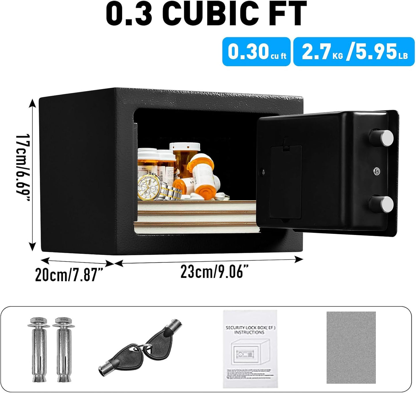 TOTOY Small Personal Safe Box 0.5 Cu Ft- Electronic Digital Security Safe Steel Construction Hidden with Key Lock, Wall or Cabinet Safety Box for Home Office Hotel Business Jewelry Gun Cash Money