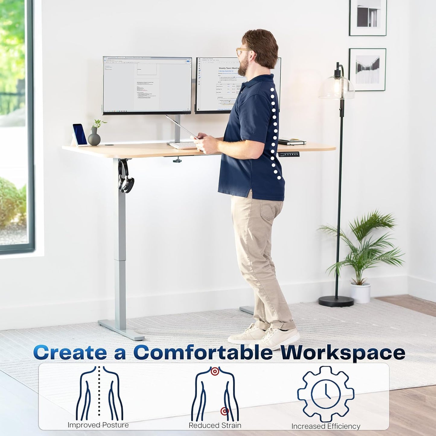 VIVO Electric 63 x 32 in Standing Desk, Memory Height Adjustment, 1B Series, Light Wood Top Gray Frame, DESK-KIT-1G1C