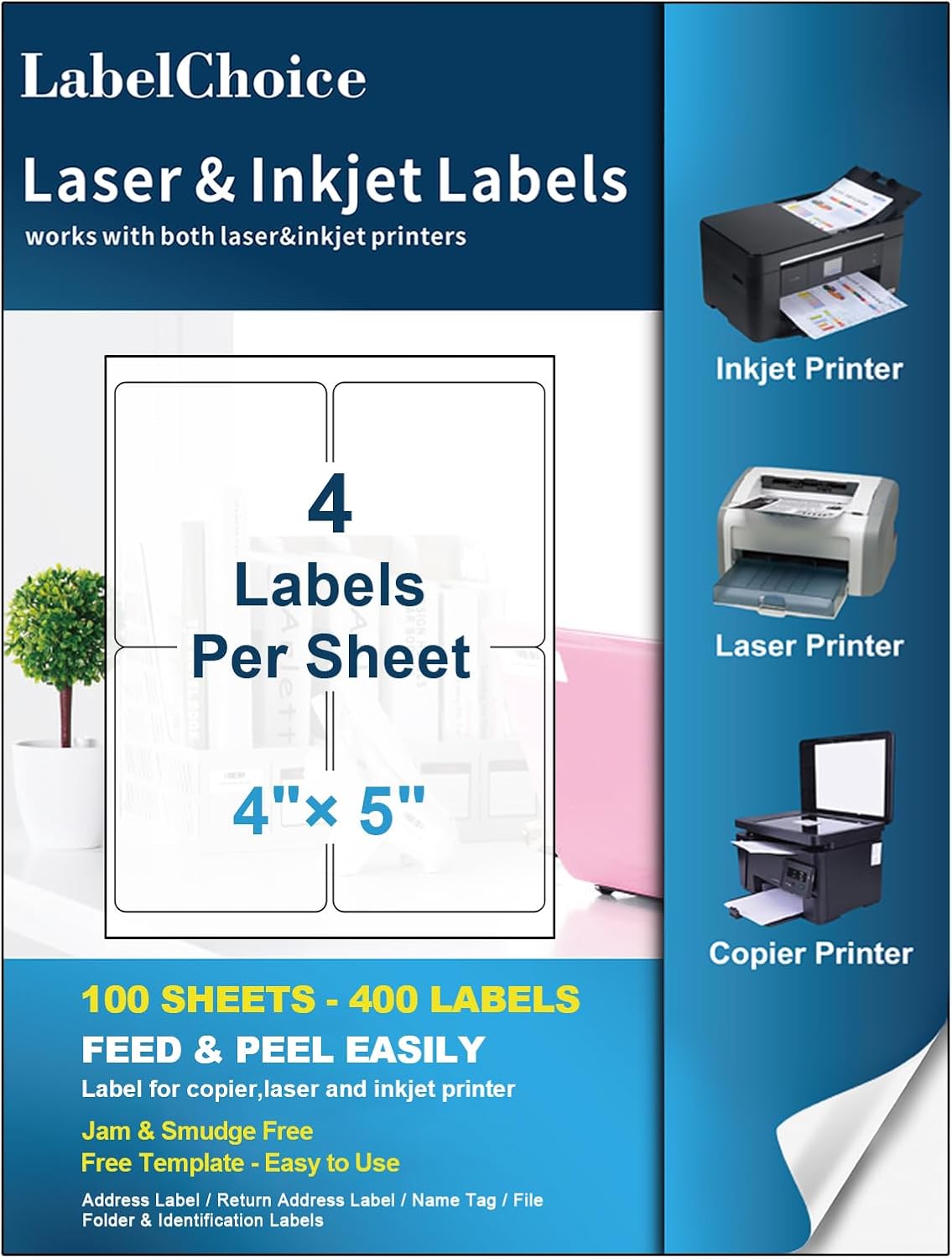 100 Sheets 400 Pcs 4"x5" 4 Up Shipping Address Labels for Laser & Inkjet Printers, Permanent Adhesive 4 per Page Shipping Labels, 4 to a Page Labels, 4 Stickers per Sheet