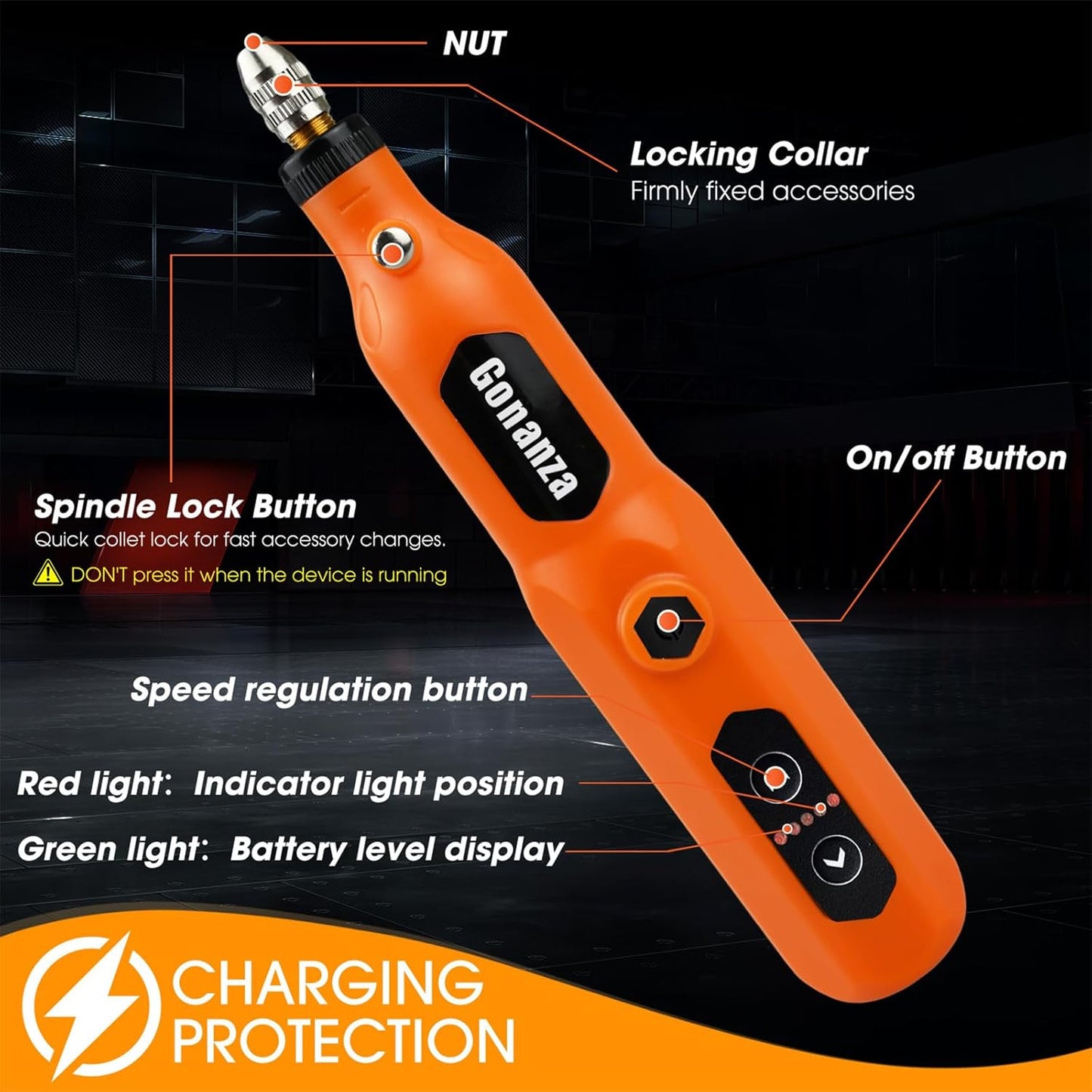 GONANZA Mini Cordless Rotary Tool Kit - 5-Speed with LED Light, Includes 78 Accessories, 3.7V Type-C Rechargeable, Ideal for Grinding, Polishing, Cutting, Engraving, Drilling, and DIY Crafts (Orange)