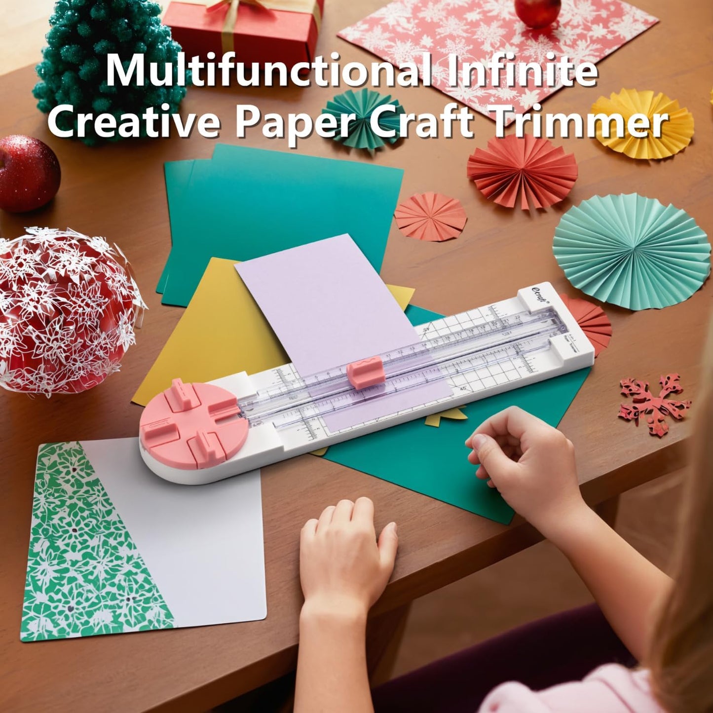Ecraft Pink Paper Cutter 4-in-1 Paper Trimmer Multi-Function Scrapbooking Tool with Straight, Wave, Perforated & Creasing Blades for Craft Paper,Cardstock, Coupon, Label, Photo,Postcard