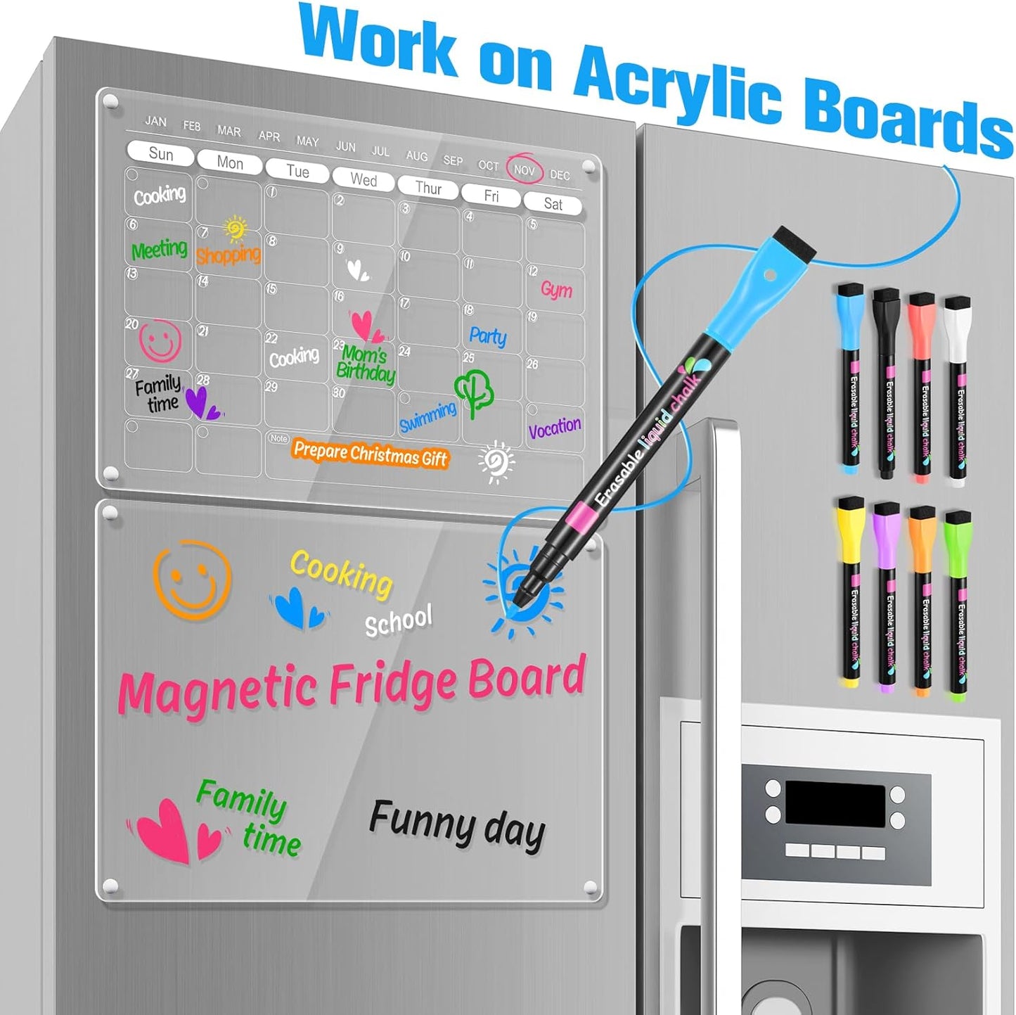 Magnetic Liquid Chalk Markers Wet Erase Markers for Acrylic Calendar Planning Board Clear Glass Whiteboard Window/Mirror Christmas Halloween LED Note Board, 8 Pack, 8 Vibrant Color, 1mm Fine Tip