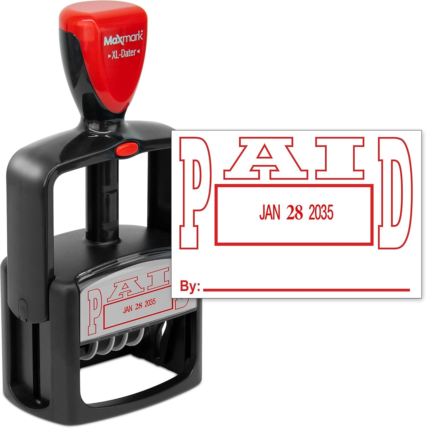 MaxMark Heavy Duty - Style 5 - Date Stamp with Paid - Self Inking Stamp - Red Ink