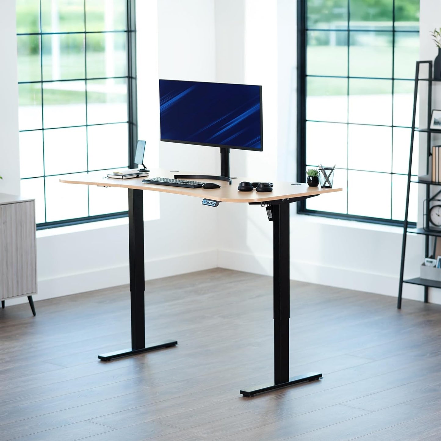 VIVO Electric 63 x 32 in Standing Desk, Memory Height Adjustment, 1B Series, Light Wood Top Black Frame, DESK-KIT-1B1C