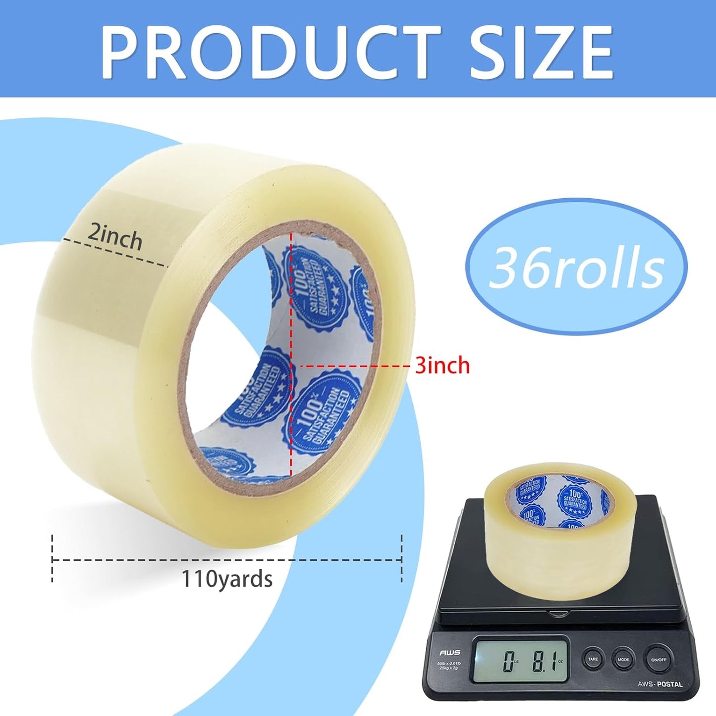Extra Long Packing Tape 110 Yards (2X Length) - 36 Rolls Clear Heavy Duty, 2 Inch x 1.8 Mil Adhesive for Shipping, Moving & Storage