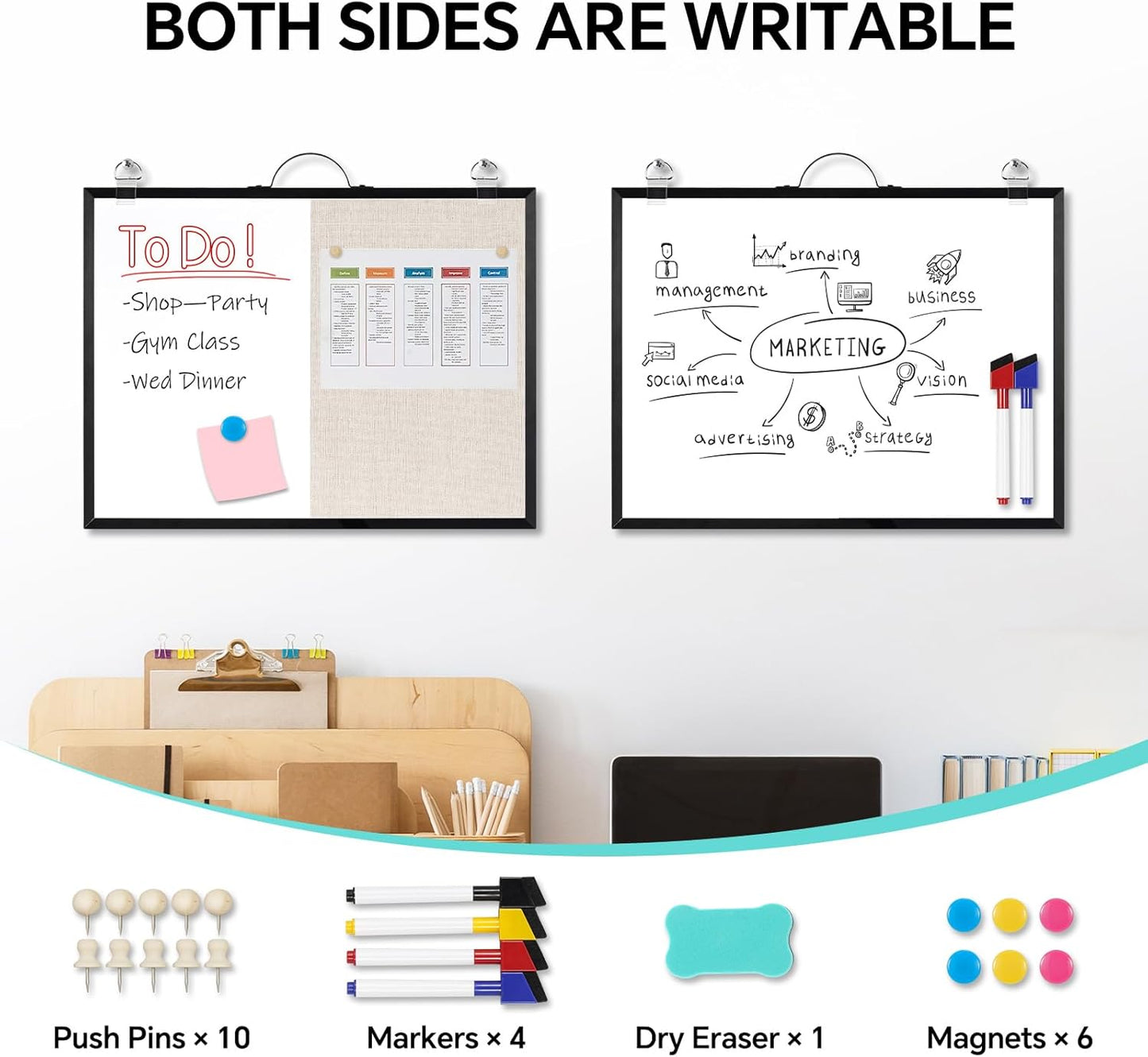 White Board Linen Bulletin Board Combo, 16"x12", Double-Sided Magnetic Dry Erase Cork Board for Walls, Aluminum Frame Small Pin Board with Handles for Home, Office, School, Beige Felt