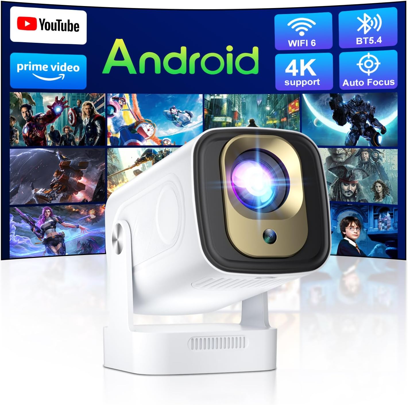 【Short Throw & Speaker】Mini Smart Projector, 1080P Native with 4K Support, WiFi 6 and Bluetooth 5.4, Auto Focus/ Keystone Correction, Built in Apps, Voice Control, Portable Outdoor Movie Projectors