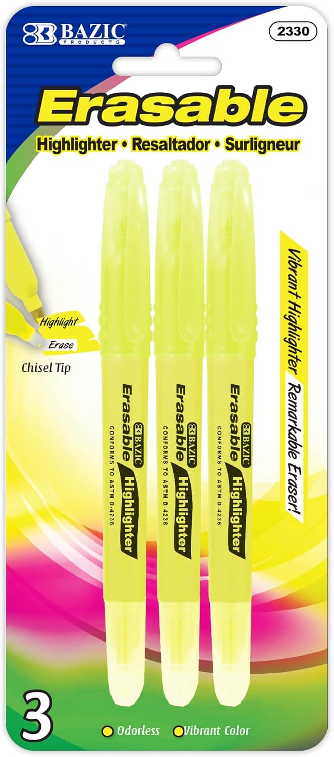 BAZIC Erasable Highlighter, Chisel Broad Line Fine Point Highlighters, Unscented Assorted Color Highlighting Coloring Erase Marker (3/Pack), 24-Packs