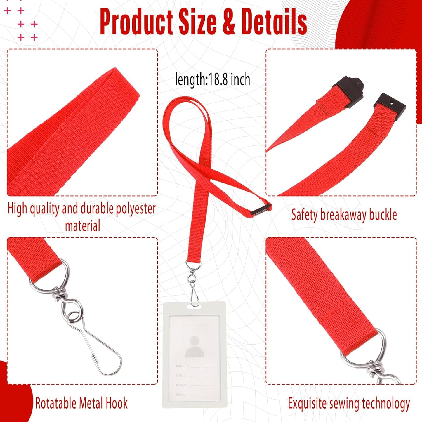 Patelai 60 Pcs Breakaway Lanyards with J Hook Bulk Flat for ID Badges Neck Badge Lanyards Card Nametag Holder Neck Straps (Red)