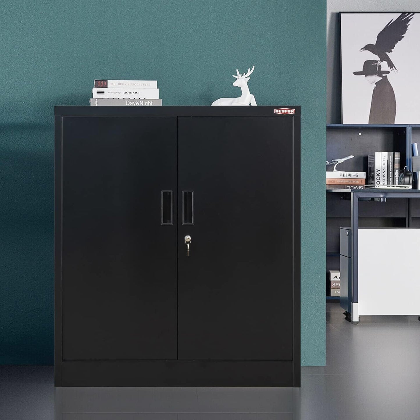 BESFUR Metal Garage Storage Cabinet 36"H, Steel Locking Cabinet with 2 Lockable Doors and 2 Adjustable Shelves easy to assemble for Home Office, Garage,School, Apartment, Warehouse, Utility Room,Black