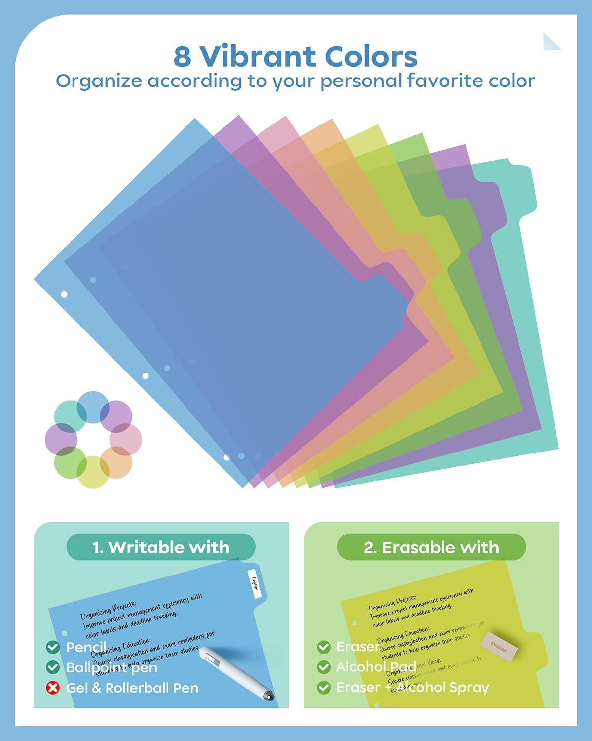 8 Tab Binder Dividers for 3 Ring Binder, 2 Set/16 Count, Thicken, Write & Erase Reusable Waterproof Plastic Binders for School & Office Files, Extra 40 Labels
