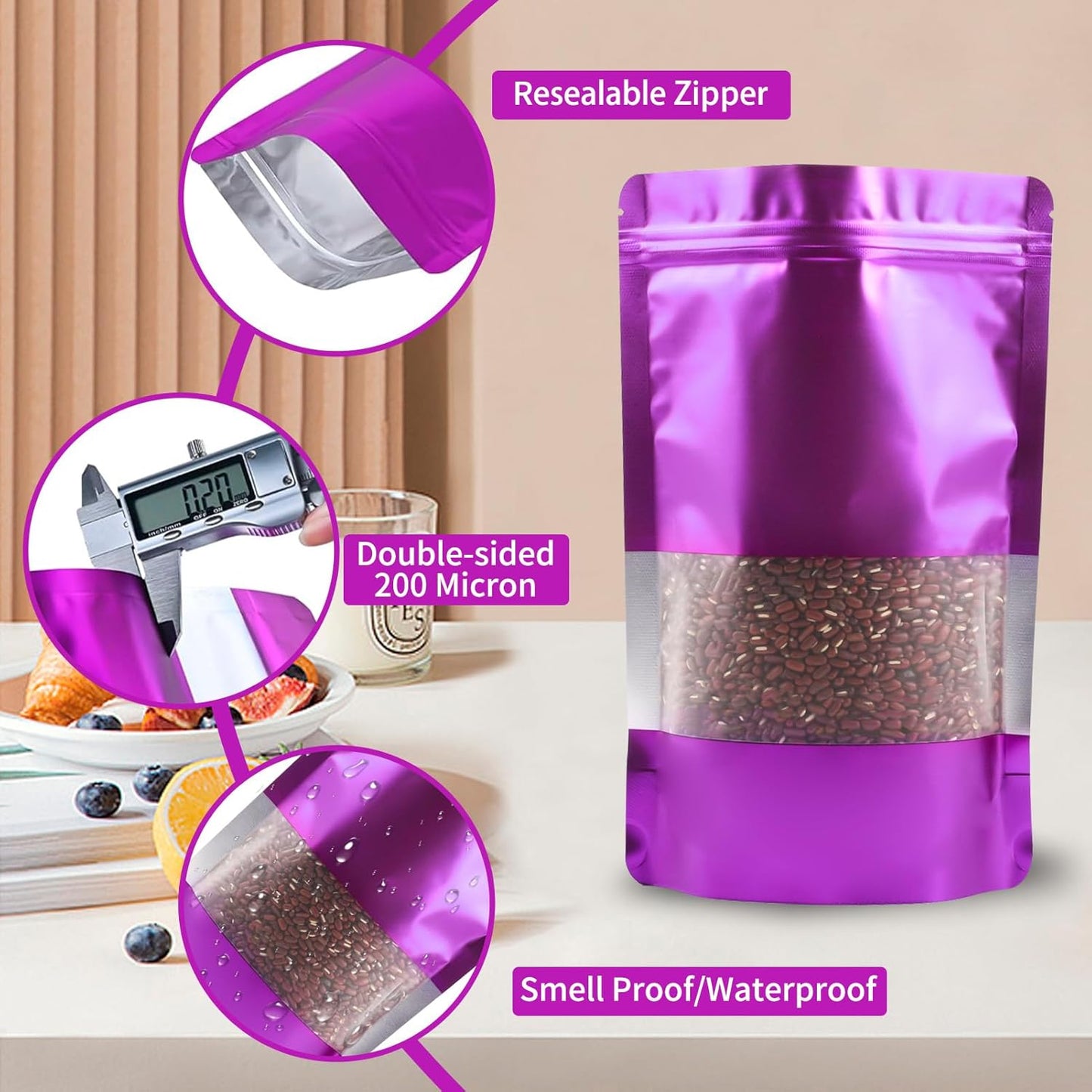 100 Pack Smell Proof Bags, Resealable Purple Mylar Bags with Matte Window, Foil Pouch Stand Up Sealable Bags for Packaging, 3.93 × 5.9 Inch