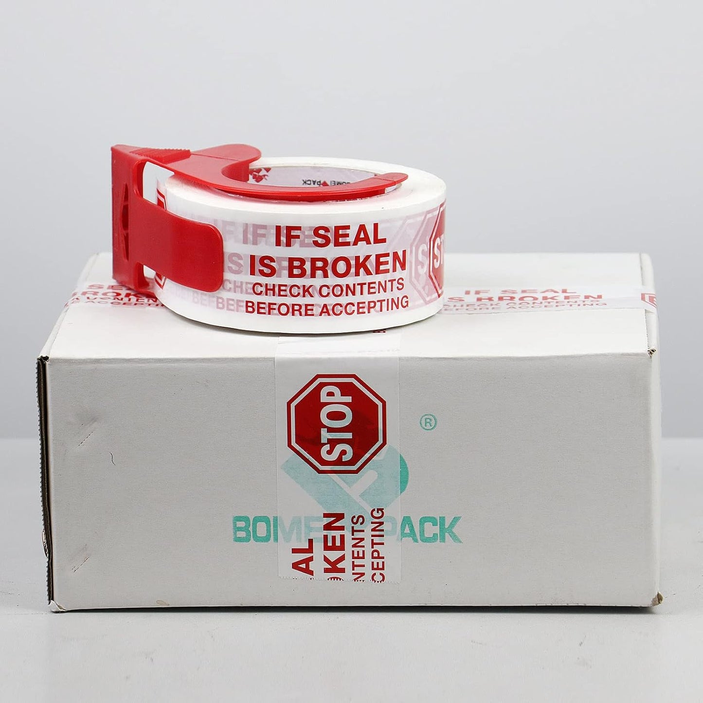 Stop Sign Sealing Tape Pre-Printed IF Seal is Broken,Check Contents Before Accepting,Heavy Duty Packing Tape with Dispenser 2 Inch x 110 Yards,Packaging Tape for Moving and Shipping (White)
