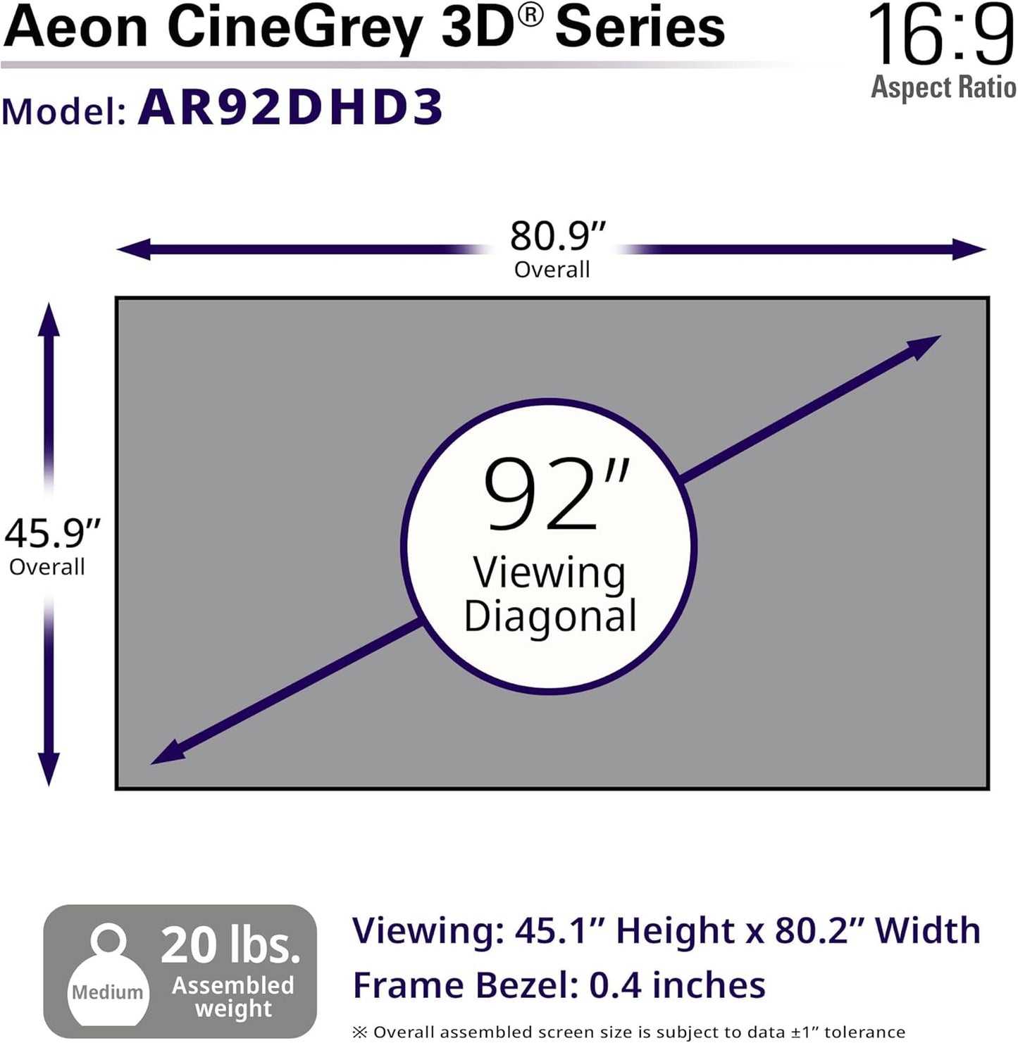 Elite Screens Aeon CineGrey 3D, 92" Fixed Frame CLR/ALR Projector Screen 16:9, Standard Throw Projection, Edge Free Ceiling & Ambient Light Rejecting, Wall-Mounted, for Movie Home Theater, AR92DHD3