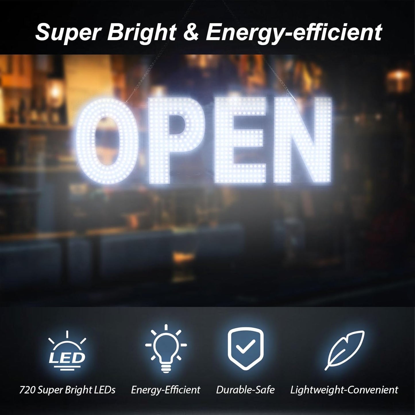 Open Signs for Business, 30"x10" Dimmable Large LED Open Light Up Sign with Hanging Installation for Salon Gym Cafes Store Office Bar Hotel Pubs Cold white